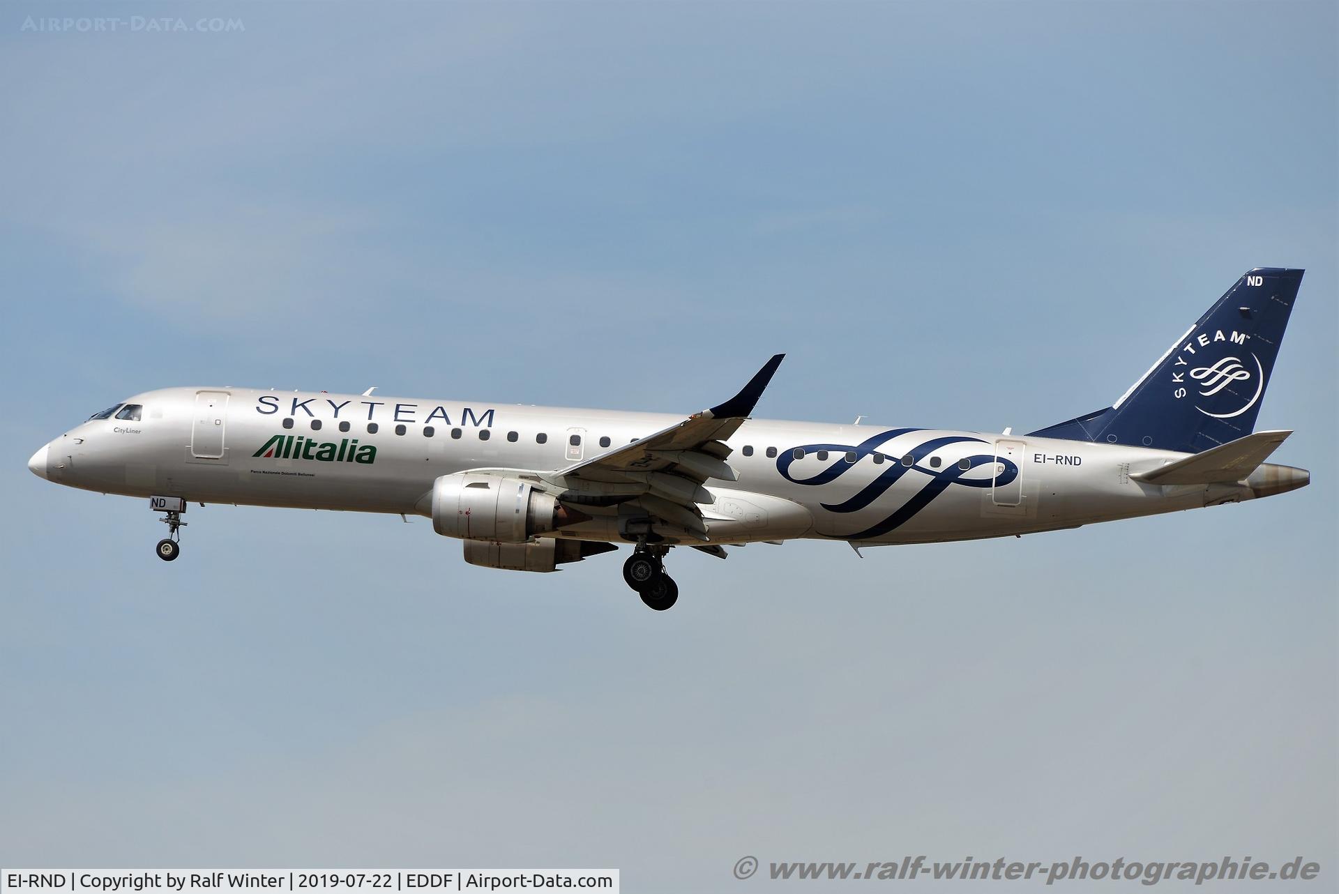 EI-RND, 2012 Embraer 190LR (ERJ-190-100LR) C/N 19000512, Embraer ERJ-190STD 190-100 - CYL Alitalia Cityliner 'Skyteam livery' 'Parco Nazionale Dolomiti Bellunesi' - 19000512 - EI-RND - 22.07.2019 - FRA