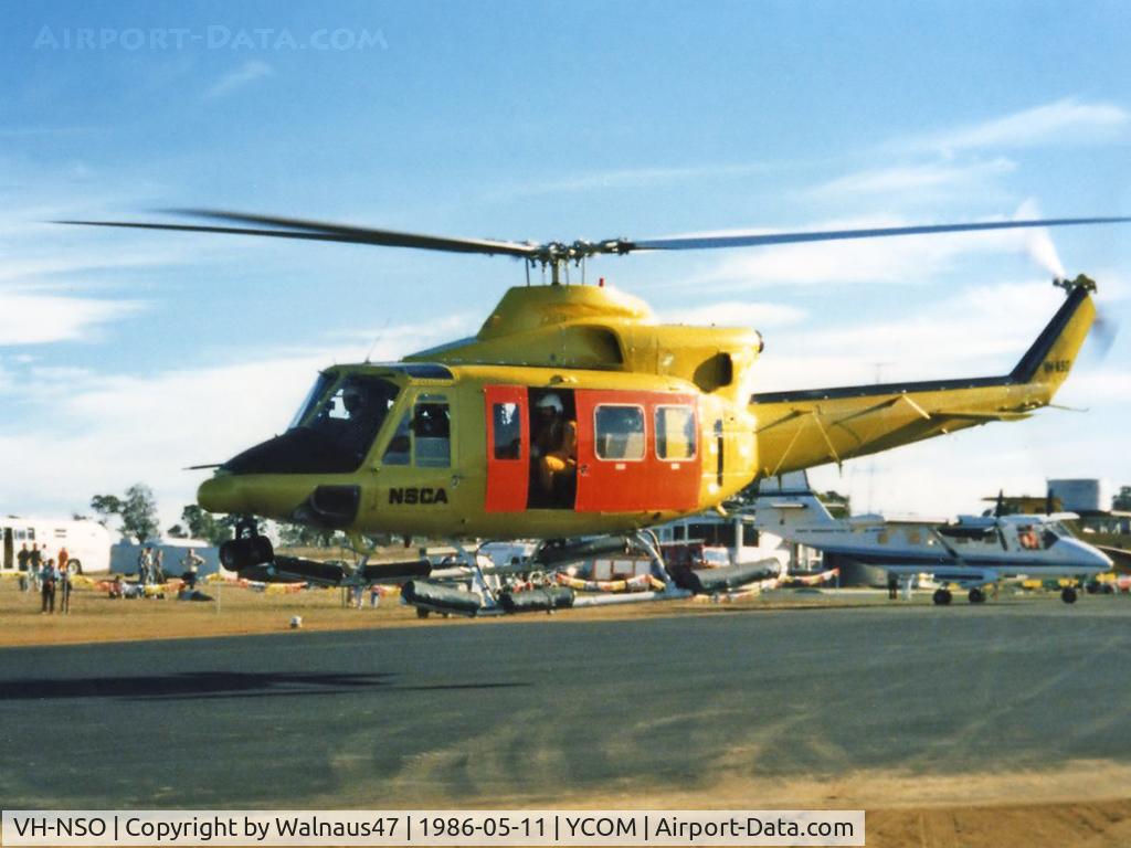 VH-NSO, 1998 Schempp-Hirth Discus 2b C/N 8, Port side view of hovering NSCA Bell 412EP VH-NSO Cn 33089 (Code 11), at Cooma Airport YCOM NSW during the 'Snow Opening' Airshow on 11May1986. (Helo with NSCA 08MAR85 - 29MAY89 - later Sold to USA as N167EH.)