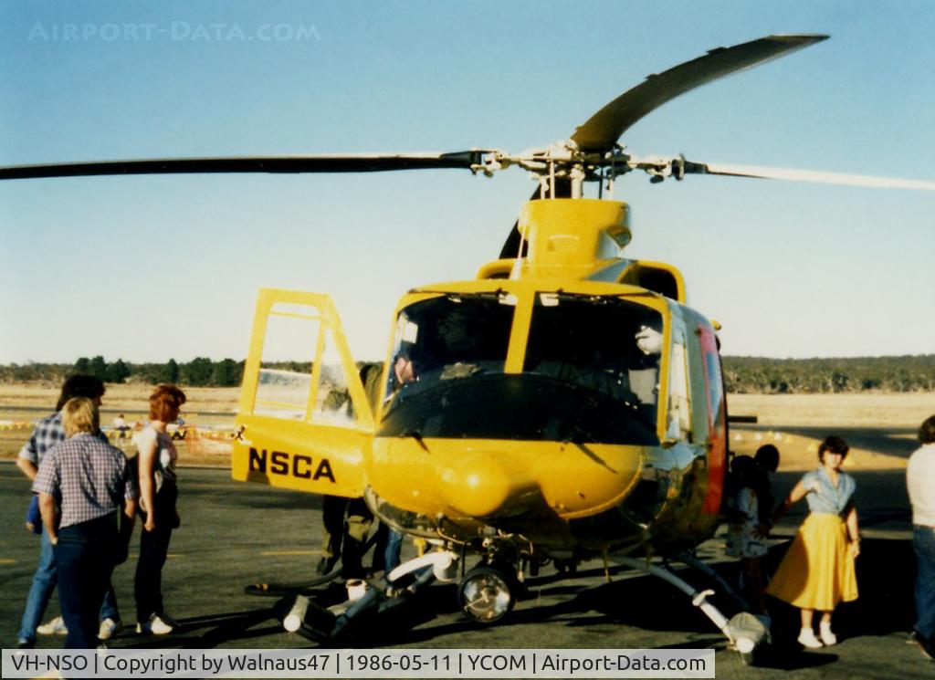 VH-NSO, 1998 Schempp-Hirth Discus 2b C/N 8, Front view of parked ‘people magnet’ NSCA Bell 412EP VH-NSO Cn 33089 (Code 11), at Cooma Airport YCOM NSW during the 'Snow Opening' Airshow on 11May1986. (Helo with NSCA 08MAR85 - 29MAY89 - later Sold to USA as N167EH.)