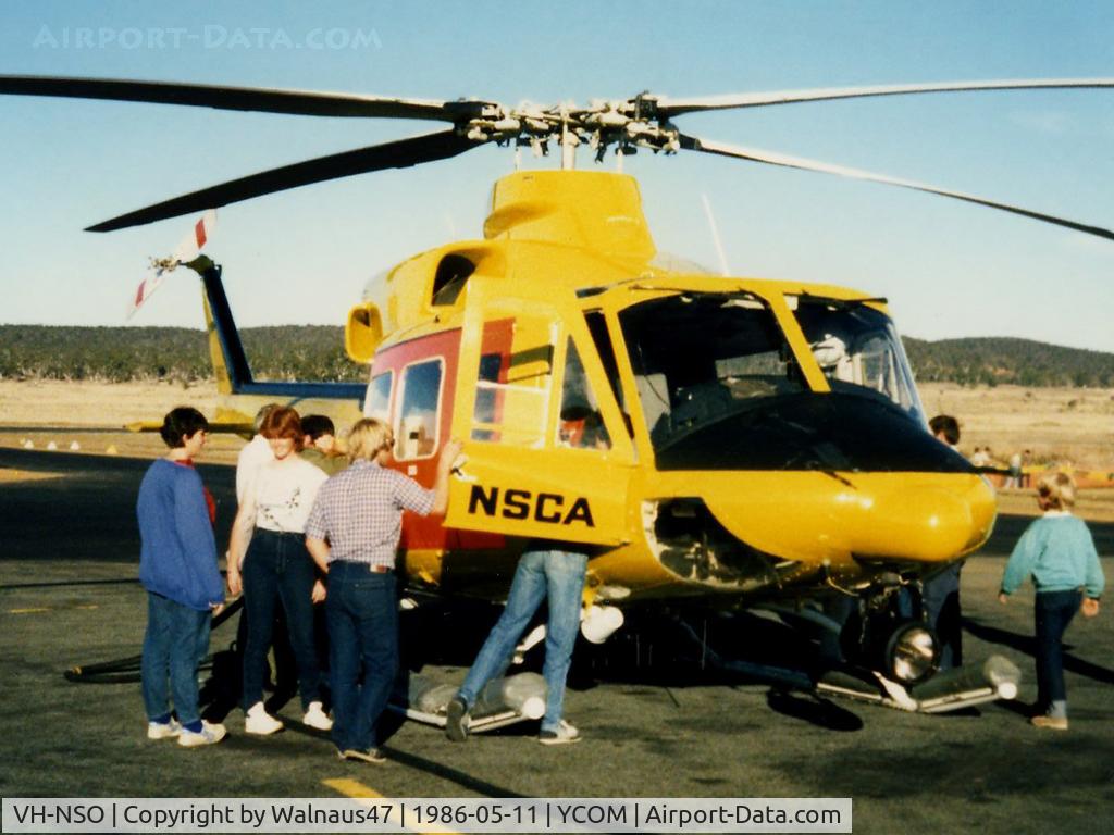 VH-NSO, 1998 Schempp-Hirth Discus 2b C/N 8, Front Stbd view of parked ‘people magnet’ NSCA Bell 412EP VH-NSO Cn 33089 (Code 11), at Cooma Airport YCOM NSW during the 'Snow Opening' Airshow on 11May1986. (Helo with NSCA 08MAR85 - 29MAY89 - later Sold to USA as N167EH.)