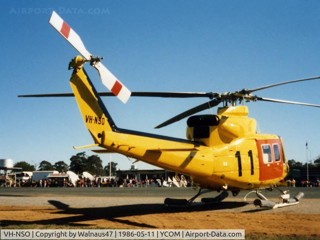 VH-NSO, 1998 Schempp-Hirth Discus 2b C/N 8, Rear Stbd view of parked NSCA Bell 412EP VH-NSO Cn 33089 (Code 11), at Cooma Airport YCOM NSW during the 'Snow Opening' Airshow on 11May1986. (Helo with NSCA 08MAR85 - 29MAY89 - later Sold to USA as N167EH.)
