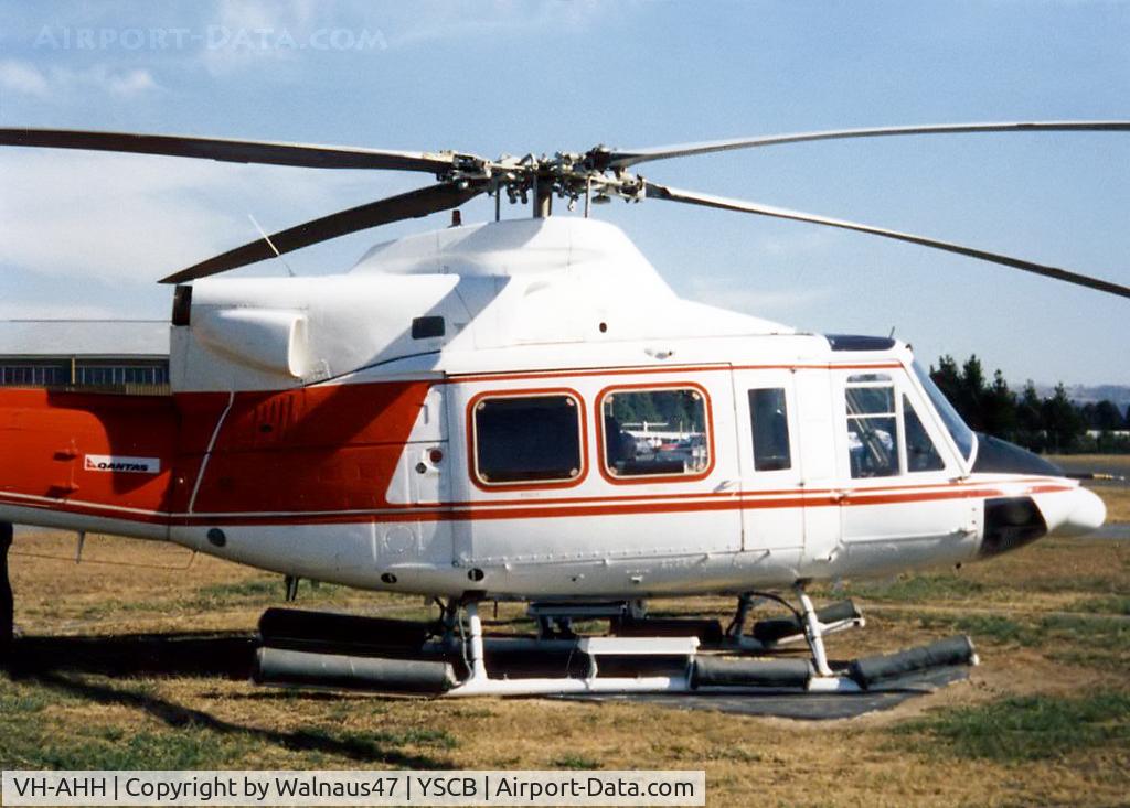 VH-AHH, Bell 412 C/N 33084, Stbd side Front end of parked Bell 412 Helicopter VH-AHH Cn 33084 Code H, photographed at Canberra Airport in Mar 1987. Note pop-out floats on the skids. (Later Regd to NSCA as VH-NSV 16JUN87 - 28MAY89.) Previously Registered as N3172D in USA.