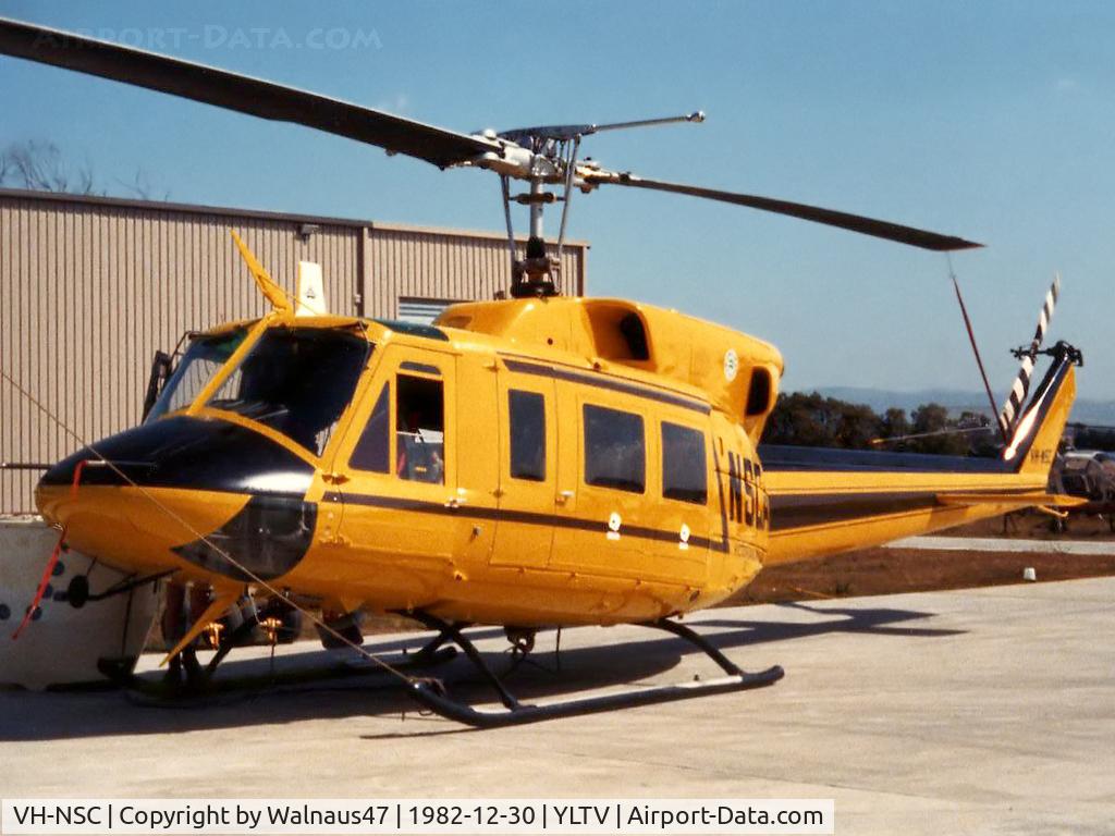 VH-NSC, 1971 Bell 212 C/N 30524, Front Port side view of parked NSCA Bell 212 Helicopter VH-NSC Cn 30524, at Morwell - Melbourne Latrobe Valley Airport (YLTV) on 30Dec1982. (Later Sold to Canada as C-FNSA.)