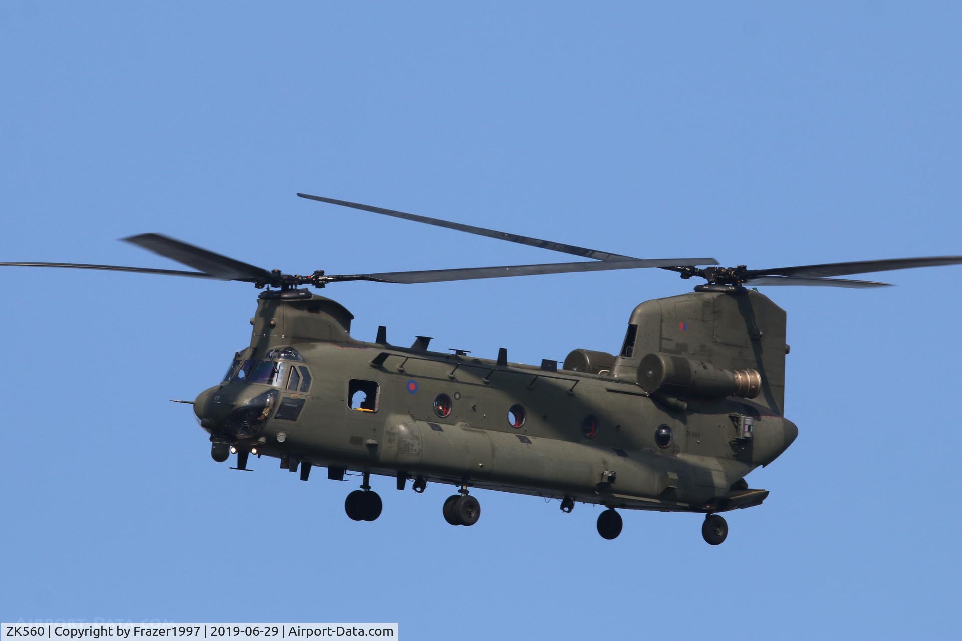 ZK560, 2012 Boeing Chinook HC.6 C/N M7741, departing a hls