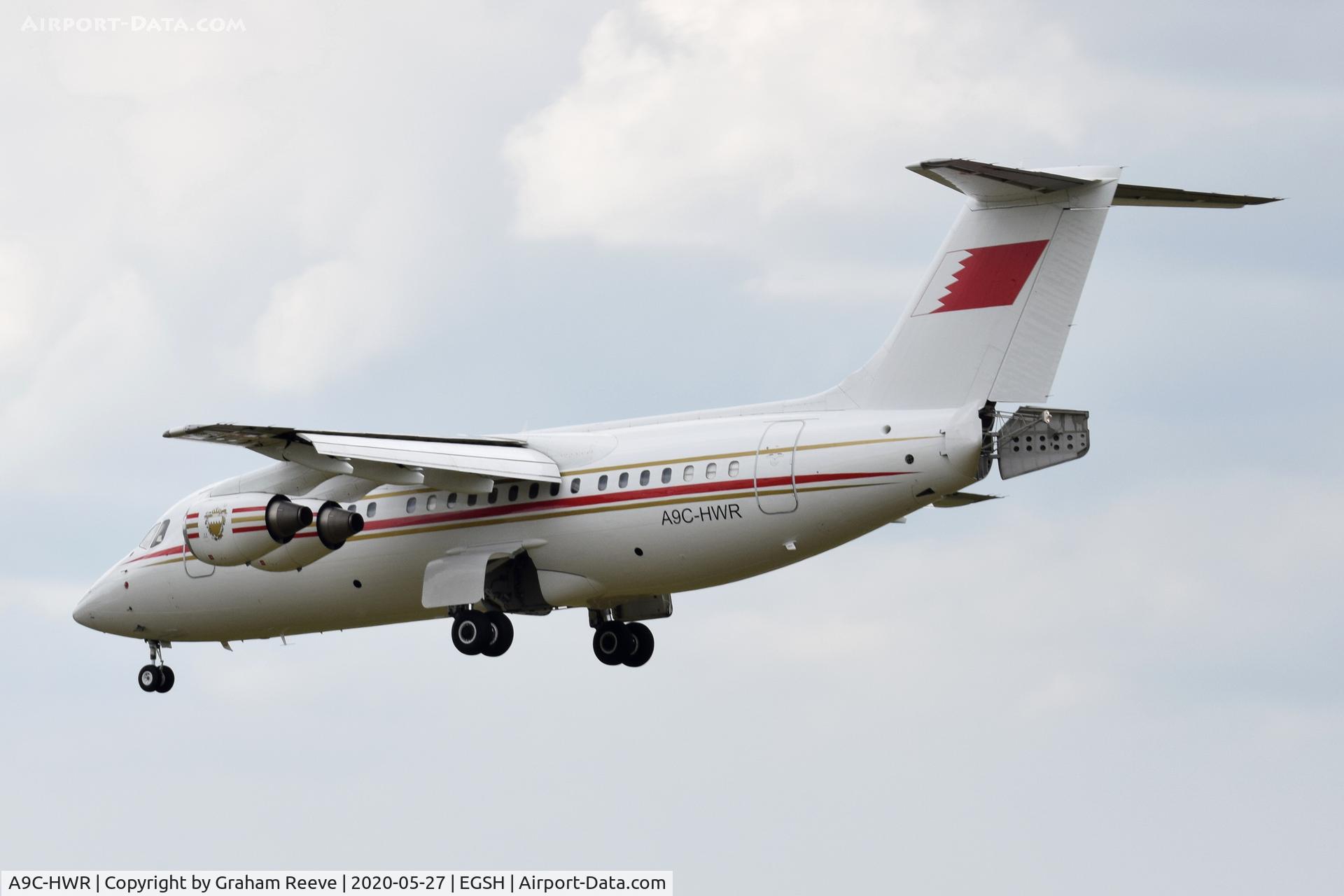 A9C-HWR, 1997 British Aerospace Avro 146-RJ85 C/N E.2306, Landing at Norwich.