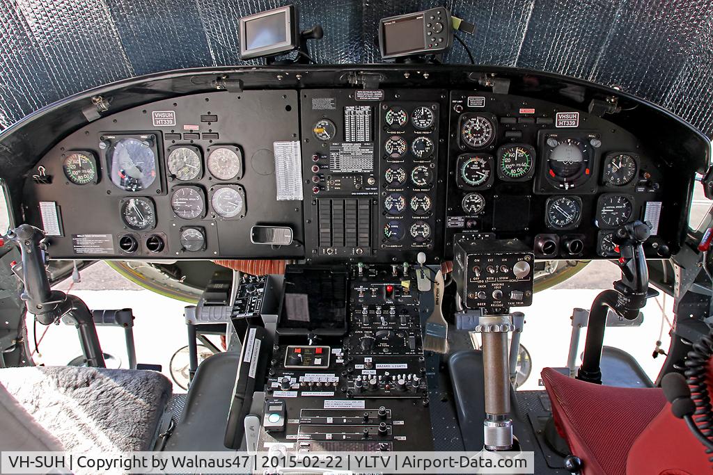 VH-SUH, 1976 Bell 214B-1 Biglifter Biglifter C/N 28017, Close-cropped view of the Instrument Panel of McDermott Aviation Bell 214B-1 VH-SUH Cn 28017 HeliTack 339, taken at Latrobe Valley Airport (YLTV) Morwell on 22Feb2015. This Helo was Built in 1976 and was First Registered in Australia on 08Oct2014.