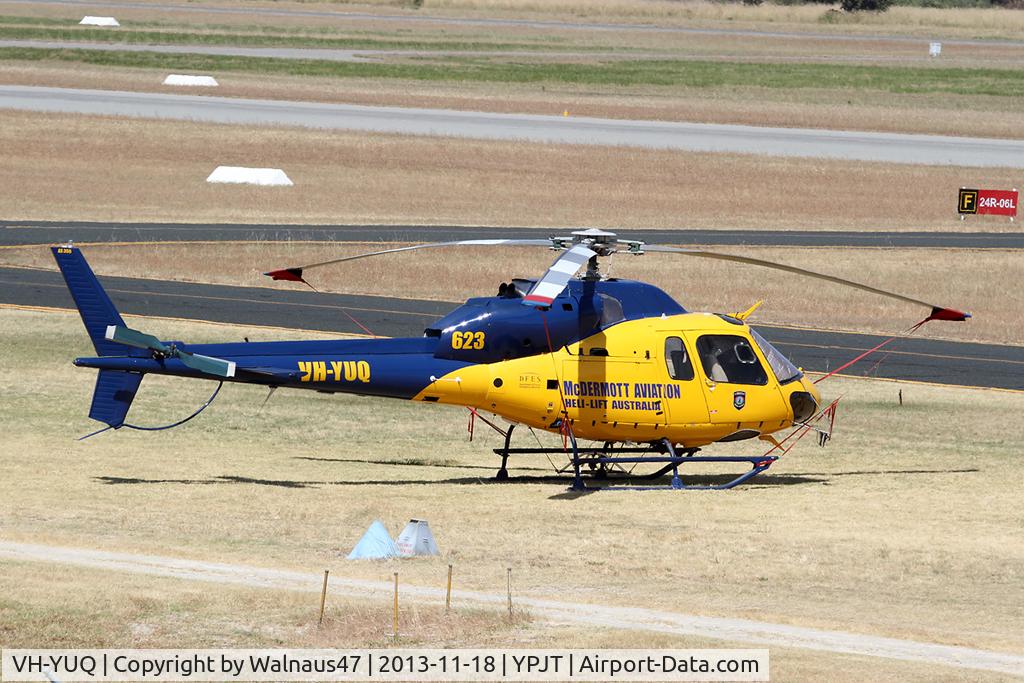 VH-YUQ, 1980 Aérospatiale SA-365C-1 Dauphin 2 C/N 5057, Stbd view of McDermott Aviation Pty Ltd Aerospatiale SA-365C-1 Dauphin 2 VH-YUQ Cn 5057 Firebird 623 parked at Jandakot Airport West YPJT Australia on 18Nov2013