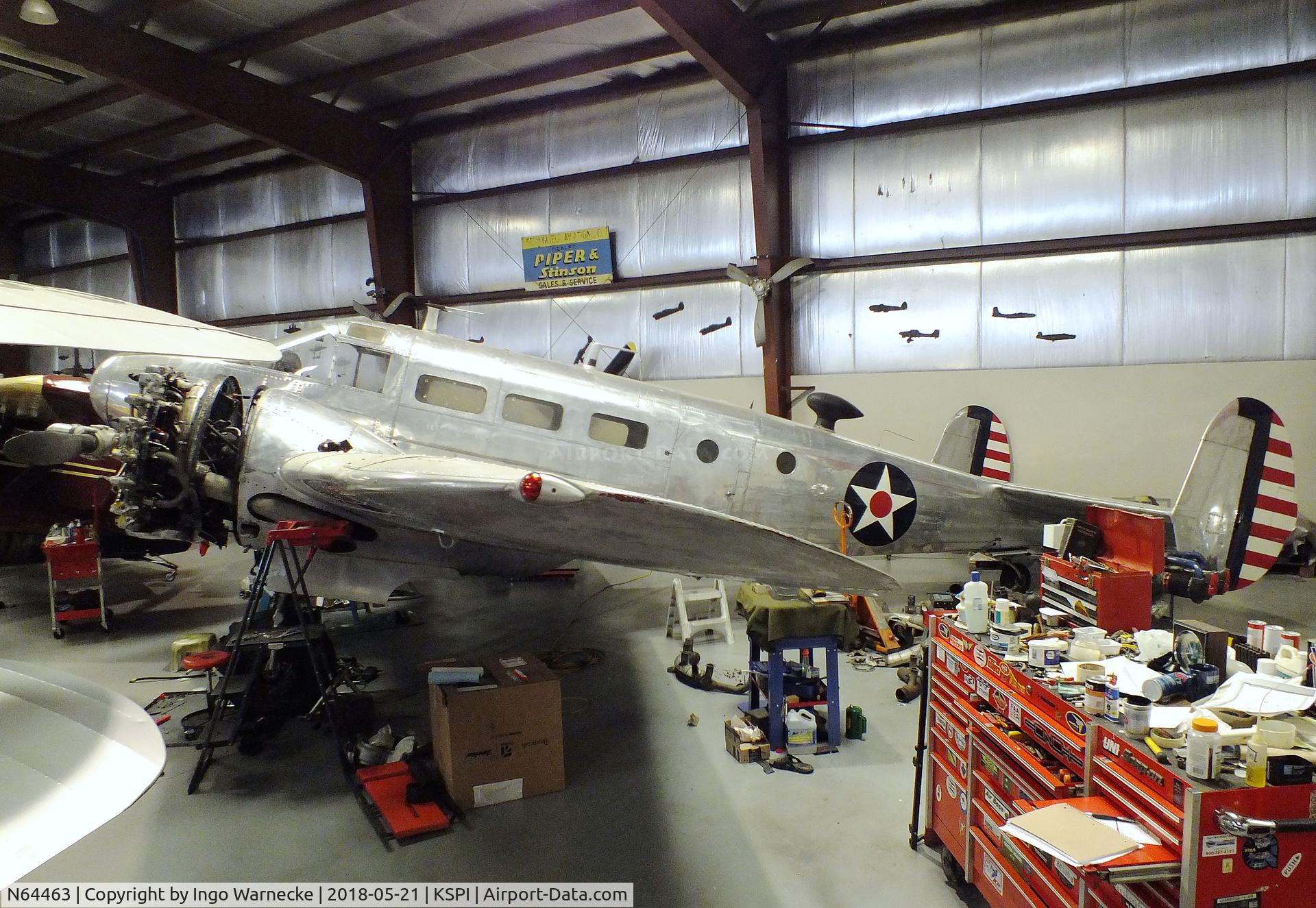 N64463, 1943 Beech C18S C/N 4534, Beechcraft C18S Twin Beech (C-45 Expeditor) undergoing maintenance at the Air Combat Museum, Springfield IL