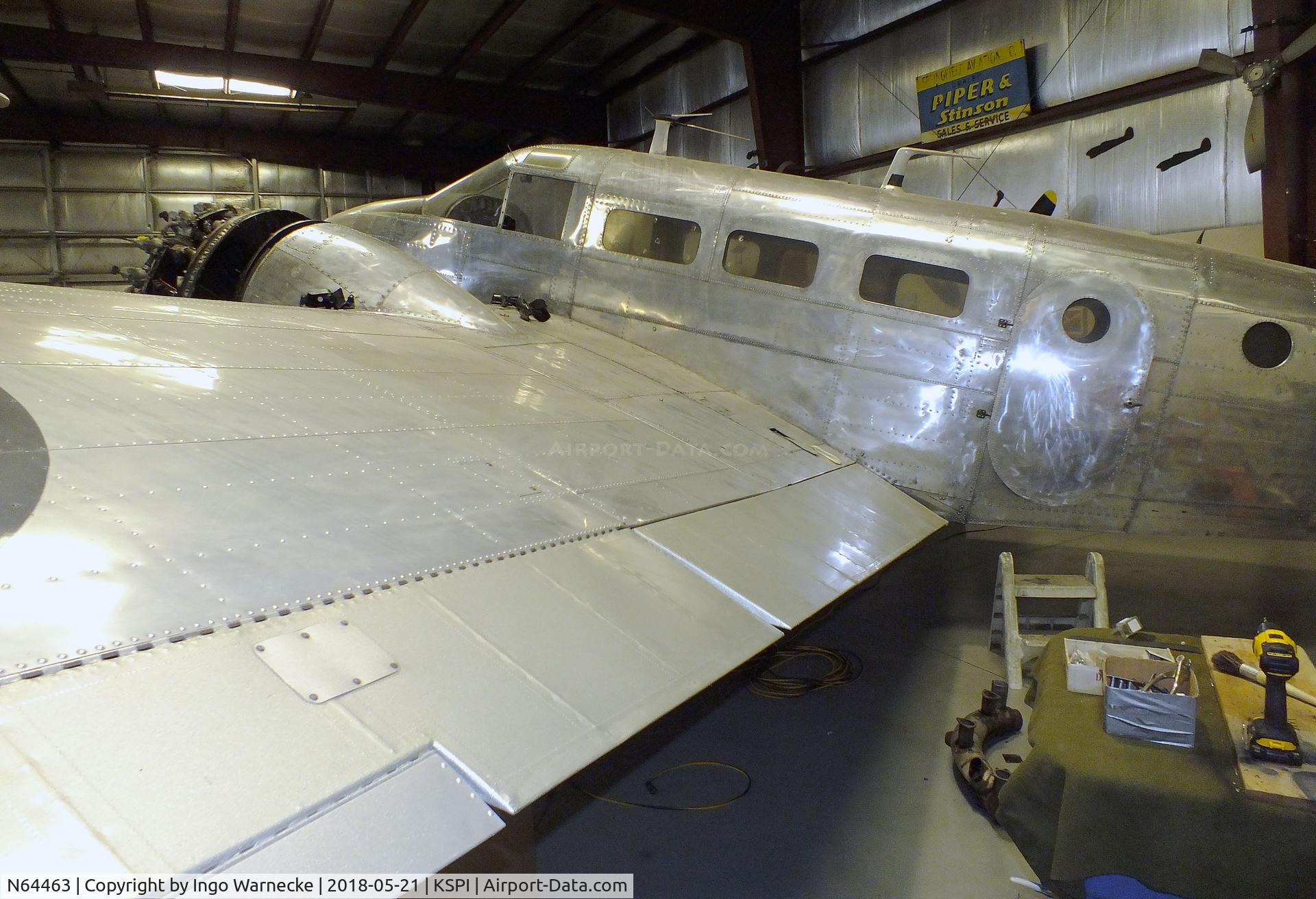 N64463, 1943 Beech C18S C/N 4534, Beechcraft C18S Twin Beech (C-45 Expeditor) undergoing maintenance at the Air Combat Museum, Springfield IL