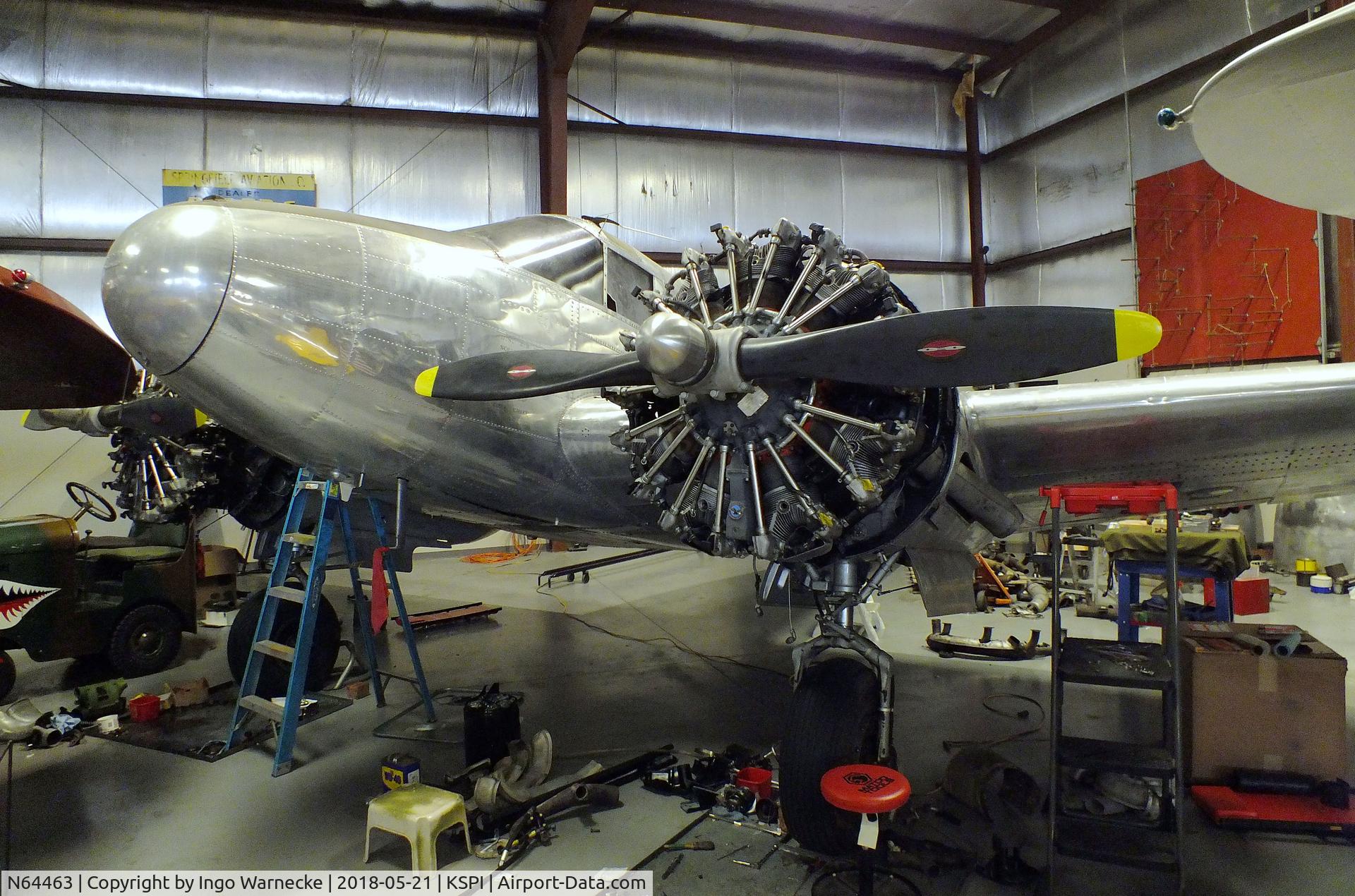 N64463, 1943 Beech C18S C/N 4534, Beechcraft C18S Twin Beech (C-45 Expeditor) undergoing maintenance at the Air Combat Museum, Springfield IL