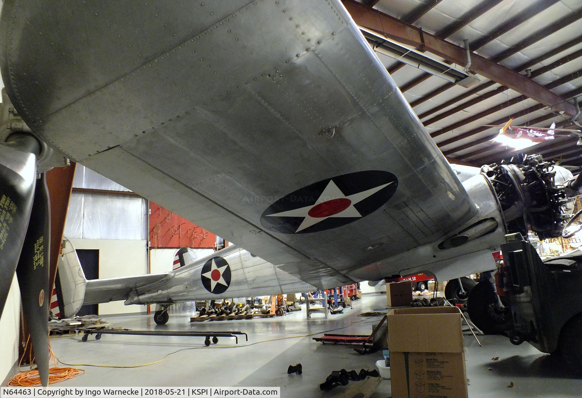 N64463, 1943 Beech C18S C/N 4534, Beechcraft C18S Twin Beech (C-45 Expeditor) undergoing maintenance at the Air Combat Museum, Springfield IL