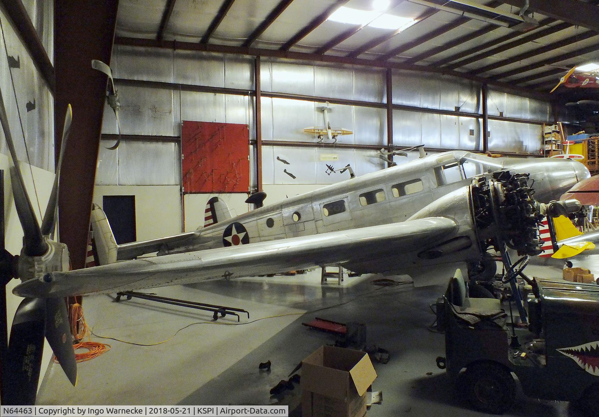 N64463, 1943 Beech C18S C/N 4534, Beechcraft C18S Twin Beech (C-45 Expeditor) undergoing maintenance at the Air Combat Museum, Springfield IL