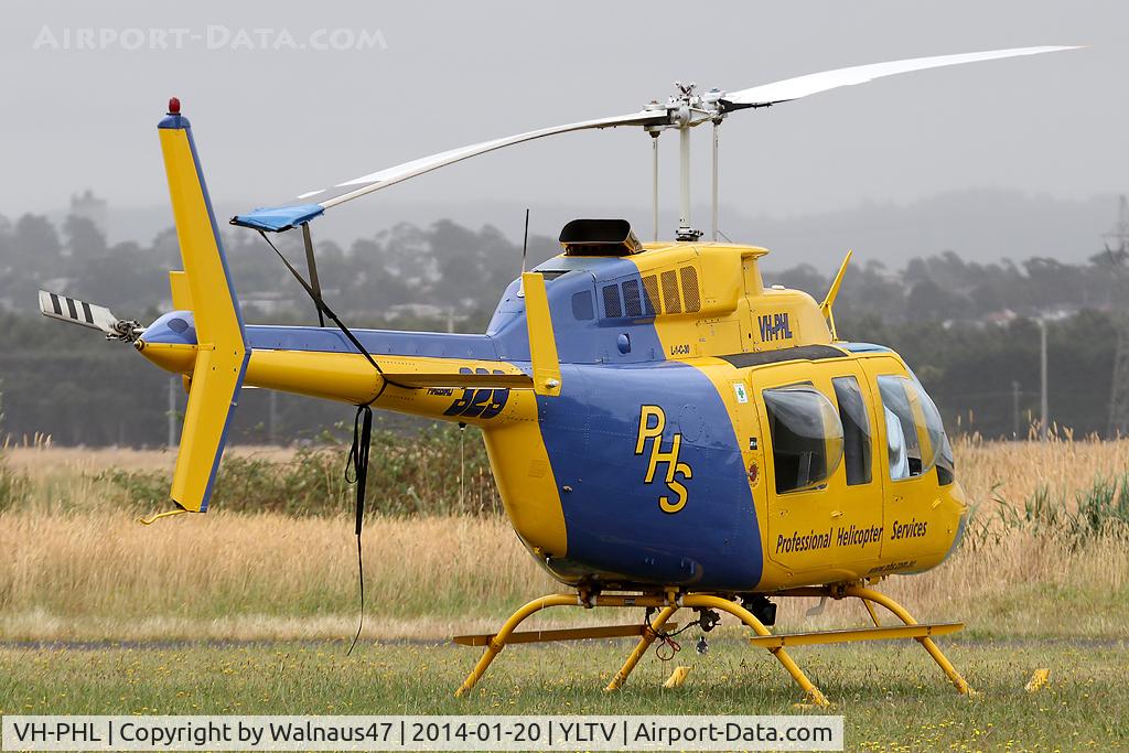 VH-PHL, 1978 Bell 206L-1 LongRanger II C/N 45177, Rear Stbd view of Blue/ Yellow Professional Helicopter Services (PHS) Bell 206L-1 LongRanger VH-PHL Cn 45177 parked at Latrobe Valley Airport (YLTV) Morwell on 20Jan2014. The helo has ‘bubble windows’ and wore Code Firebird 329.