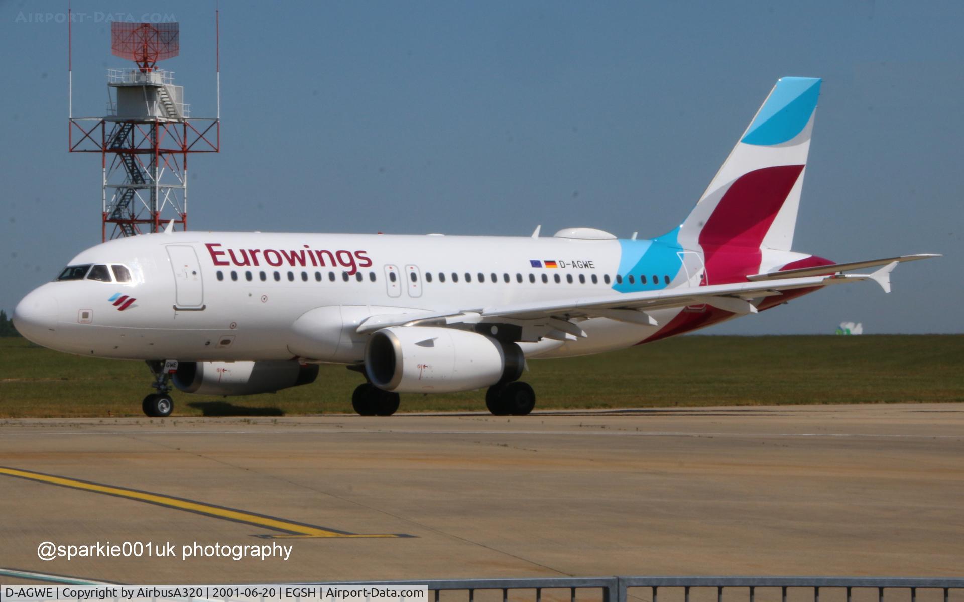 D-AGWE, 2007 Airbus A319-132 C/N 3128, Departing fresh from repaint into Eurowings livery