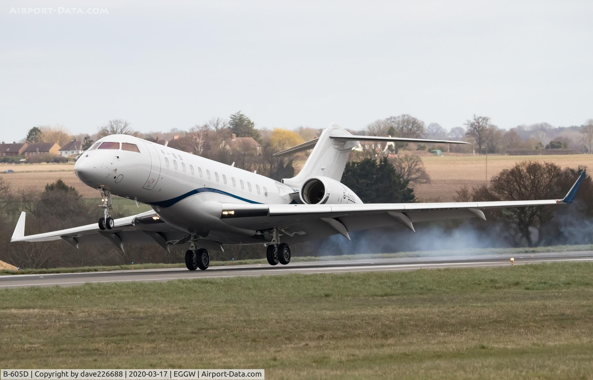 B-605D, 2016 Bombardier BD700-1A10 Global 6000 C/N 9716, ZYB Lily Global 6000 smoking the tyres on landing at LTN - ex N788ZJ airframe