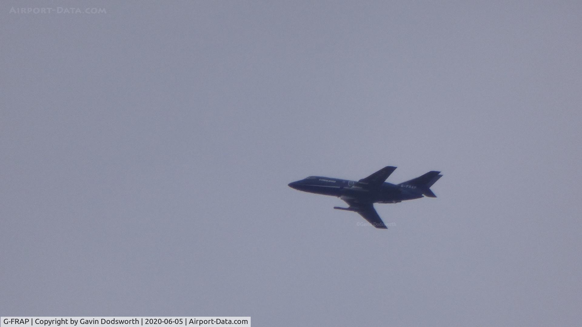 G-FRAP, 1969 Dassault Falcon 20DC C/N 207, Over Darlington after departing Teesside International