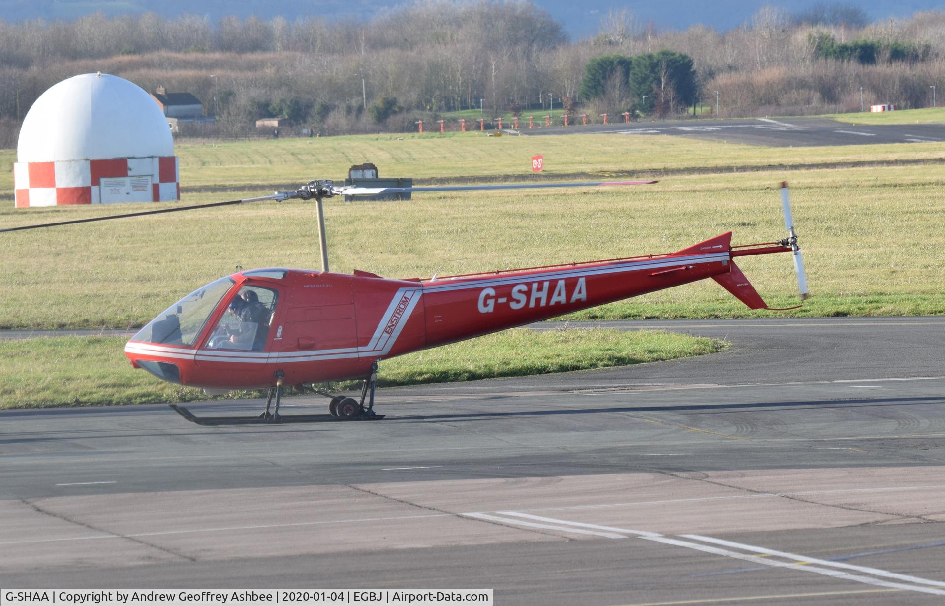 G-SHAA, 1975 Enstrom 280C-UK Shark C/N 1011, G-SHAA at Gloucestershire Airport.