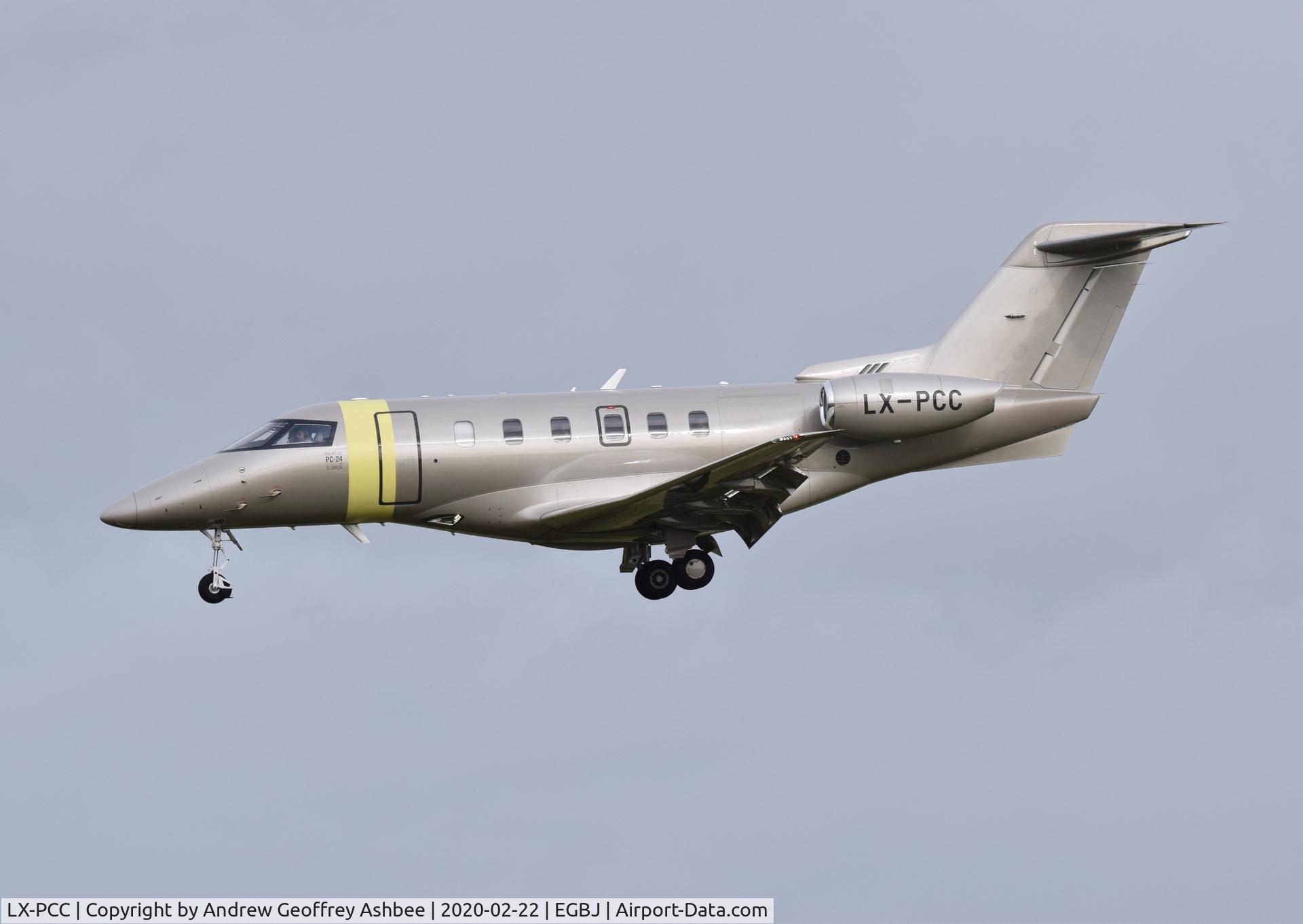 LX-PCC, 2019 Pilatus PC-24 C/N 143, LX-PCC landing at Gloucestershire Airport.