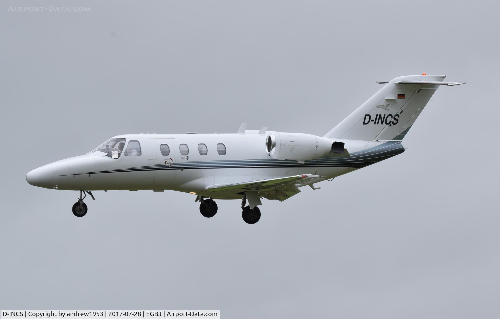 D-INCS, 2001 Cessna 525 CitationJet CJ1 C/N 525-0466, D-INCS landing at Gloucestershire Airport.