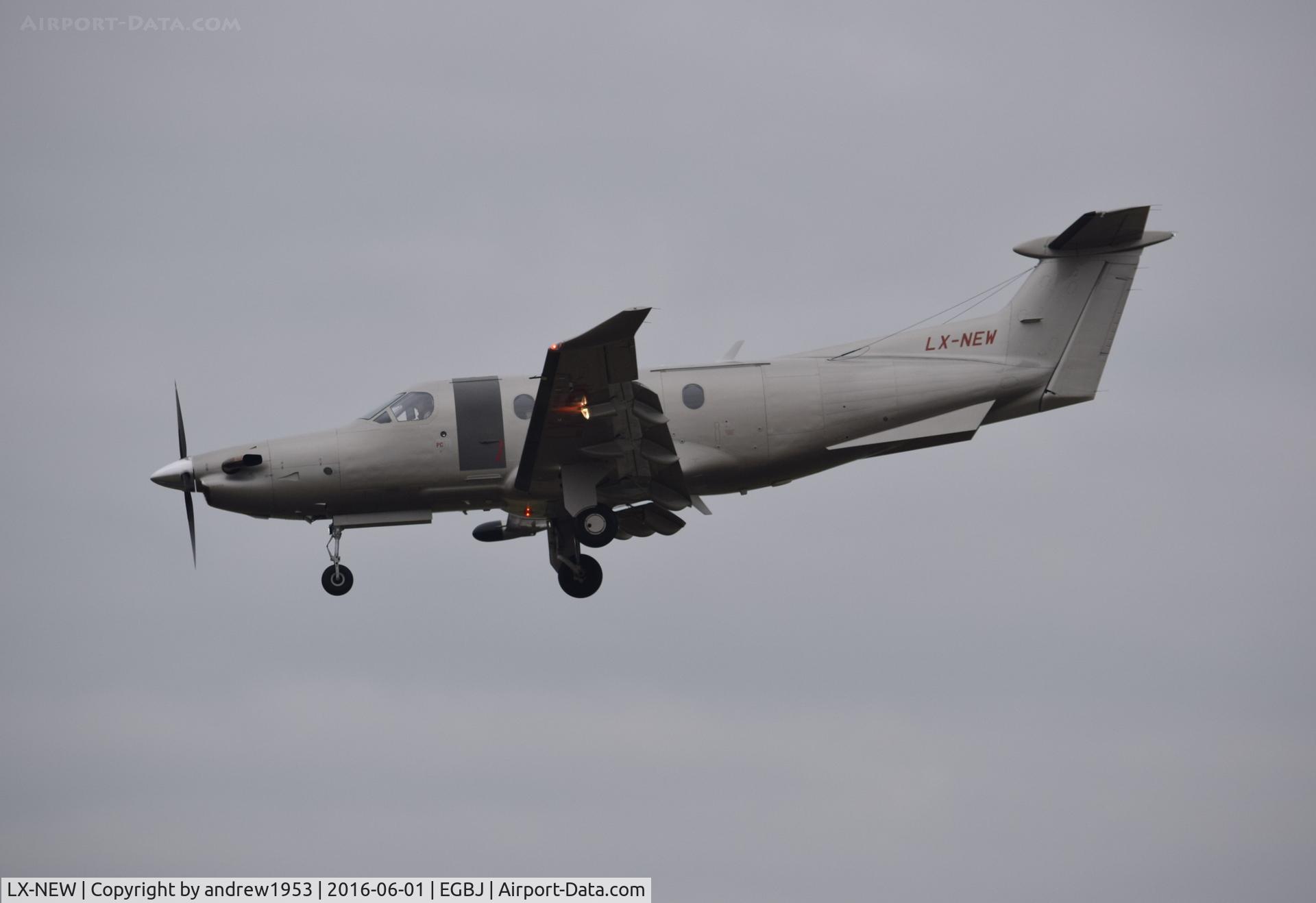 LX-NEW, 2009 Pilatus PC-12/47E C/N 1148, LX-NEW landing at Gloucestershire Airport.