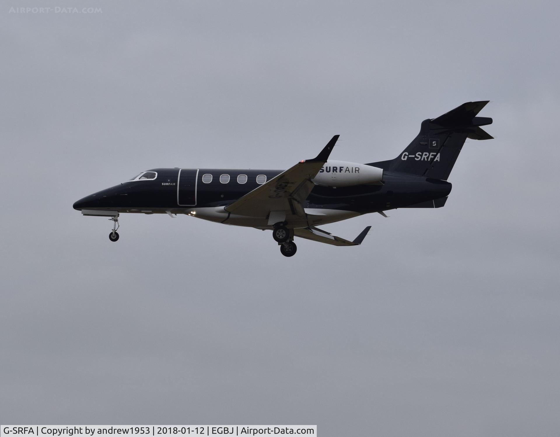 G-SRFA, 2015 Embraer EMB-505 Phenom 300 C/N 50500300, G-SRFA landing at Gloucestershire Airport.