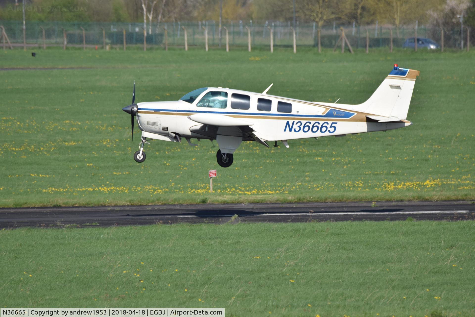 N36665, 1980 Beech A36 Bonanza 36 C/N E-1696, N36665 landing at Gloucestershire Airport.