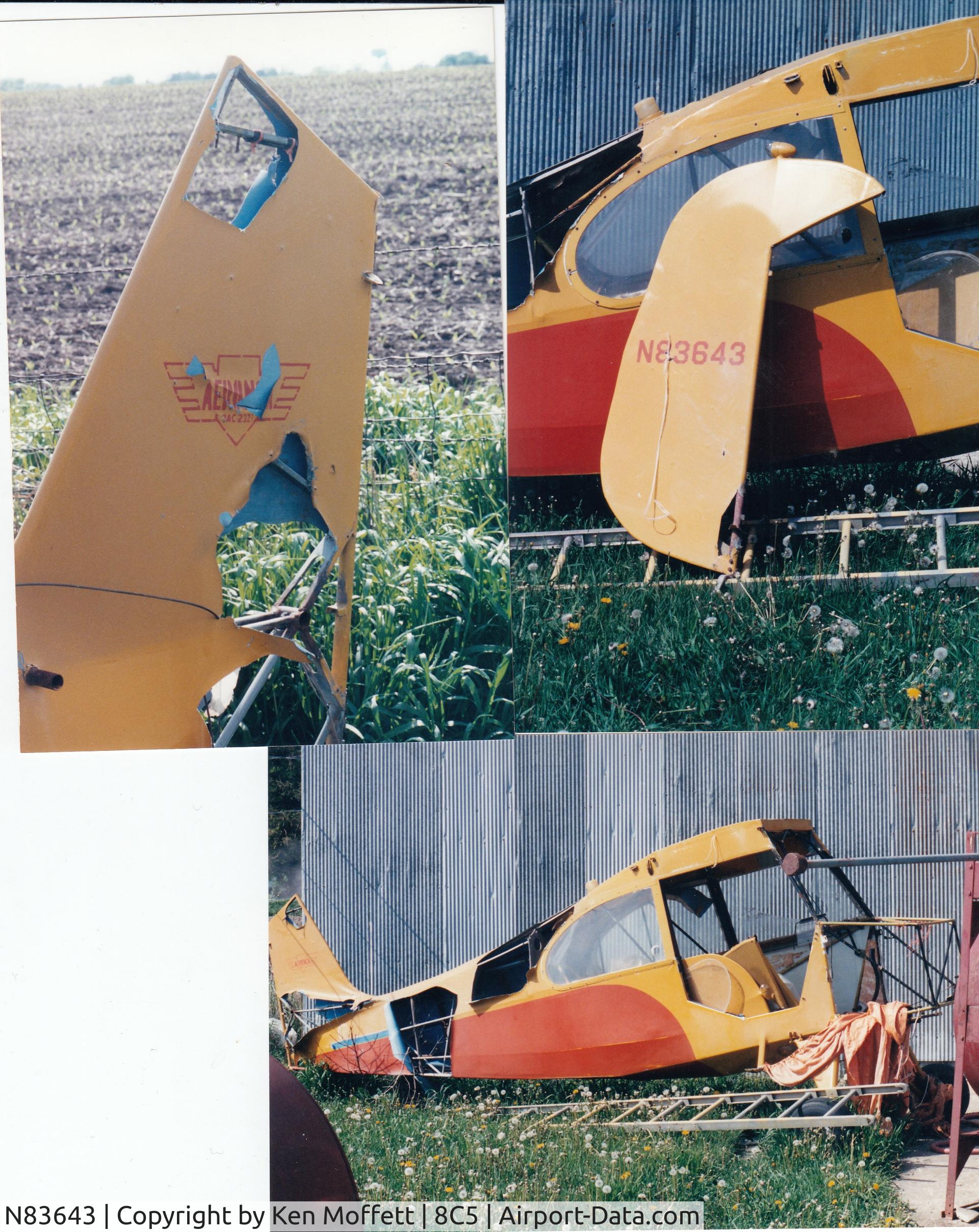 N83643, 1946 Aeronca 7AC Champion C/N 7AC-2321, Visited a small airport in Toledo IA back in the 1990s. I came across this sad Champion outside a hanger. I think the wings were inside, if I remember correctly. Sorting through old photos and found this.  Looks like it was rebuilt and later wrecked.