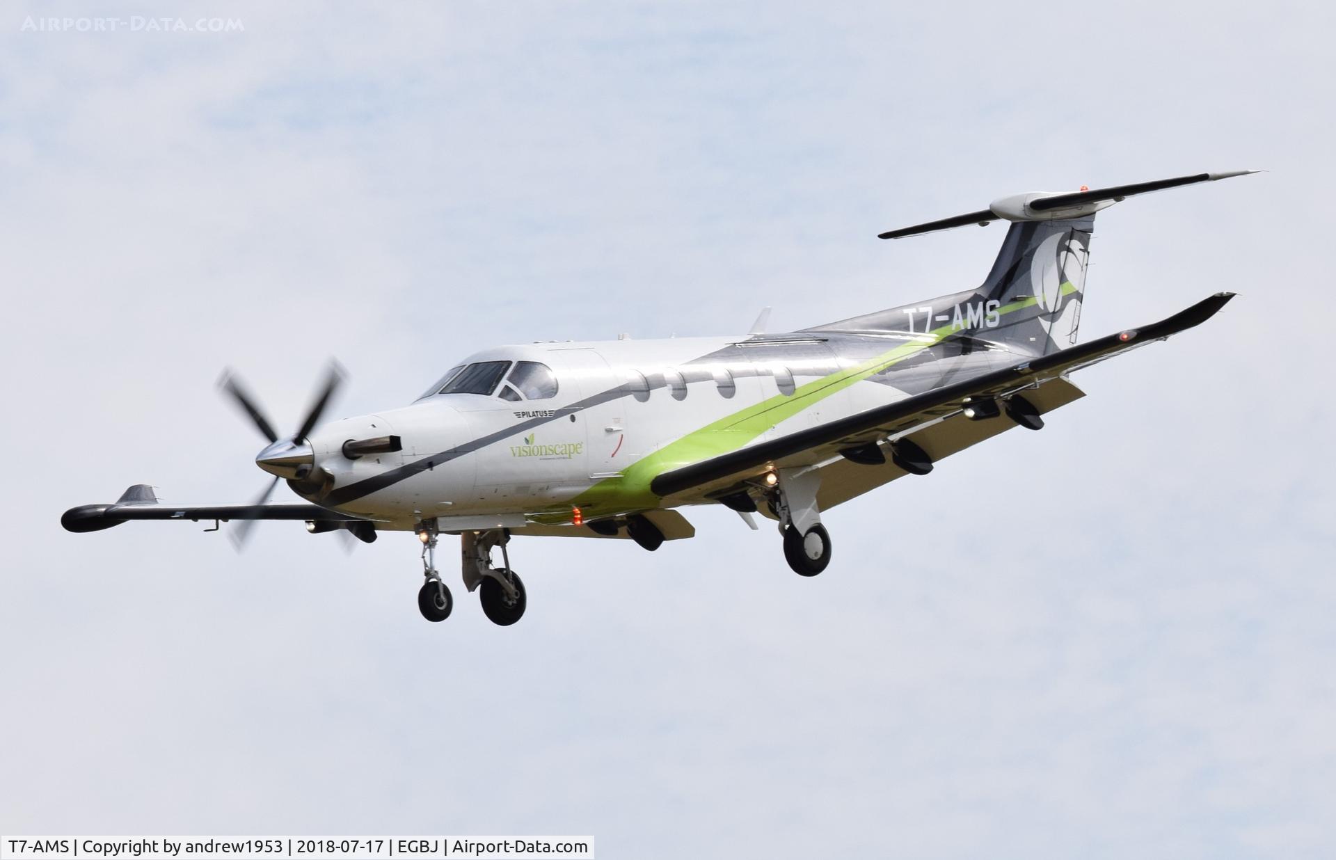 T7-AMS, 2006 Pilatus PC-12/47 C/N 732, T7-AMS landing at Gloucestershire Airport.