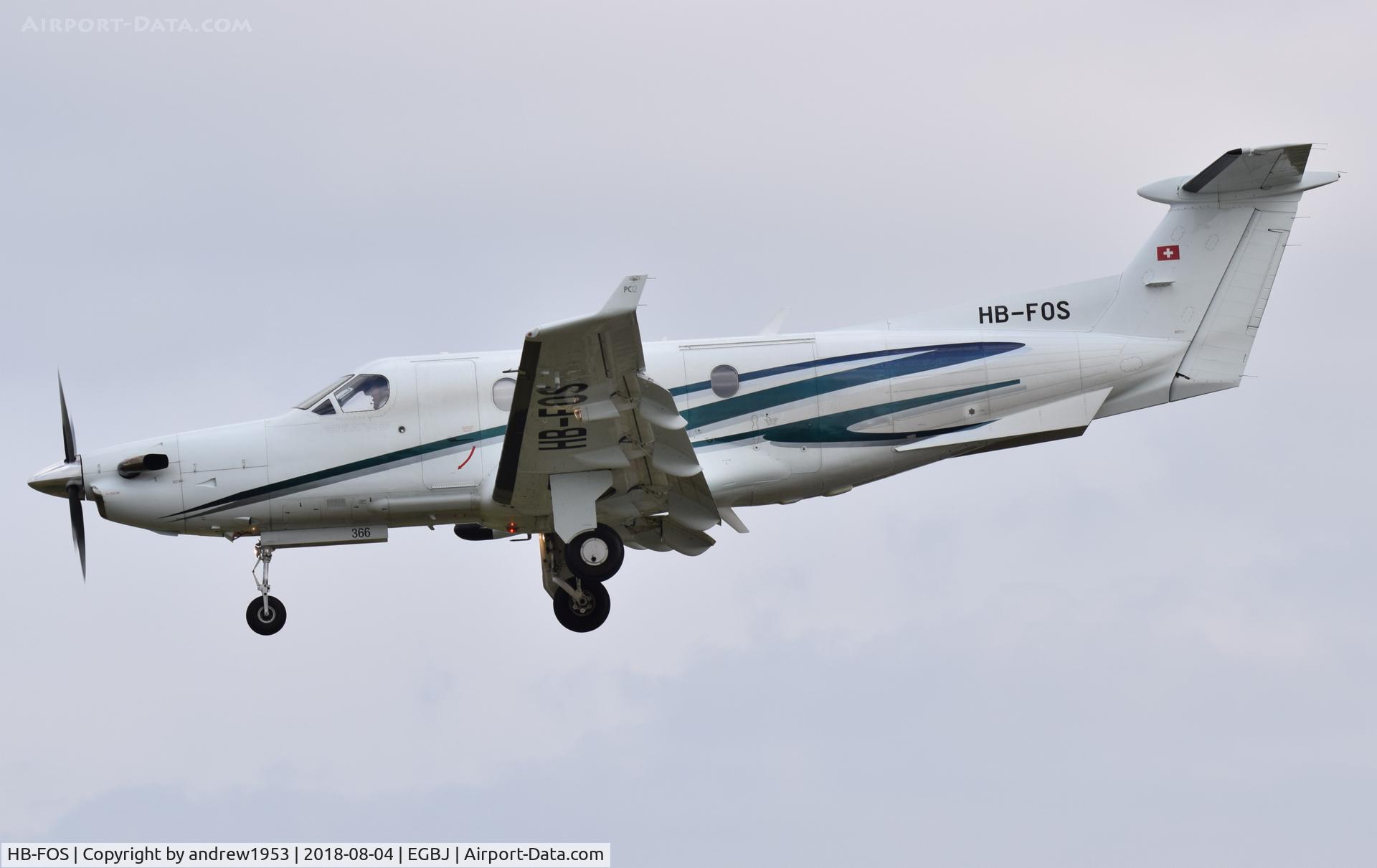 HB-FOS, 2000 Pilatus PC-12/45 C/N 366, HB-FOS landing at Gloucestershire Airport.