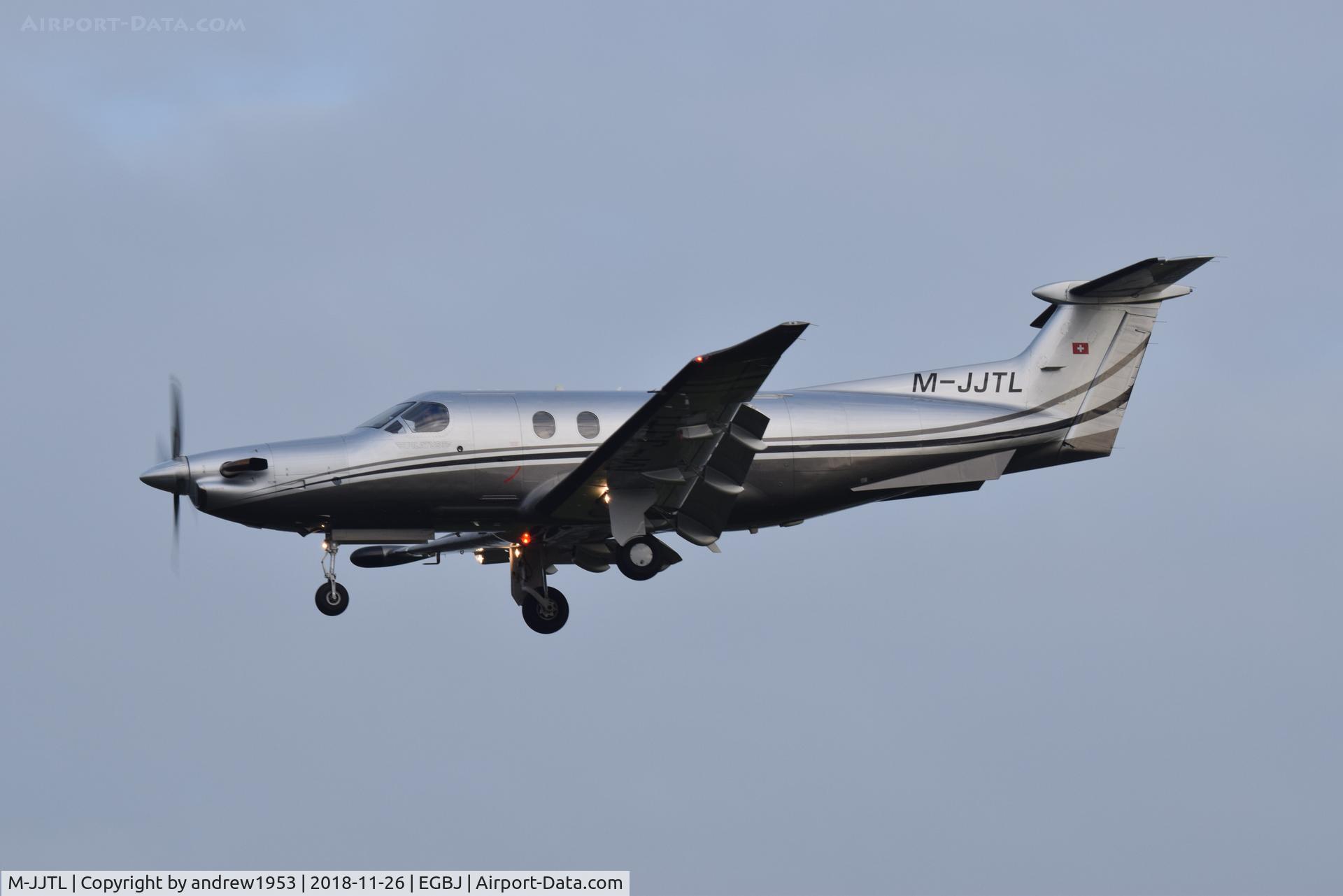 M-JJTL, 2009 Pilatus PC-12/47E C/N 1126, M-JJTL landing at Gloucestershire Airport.