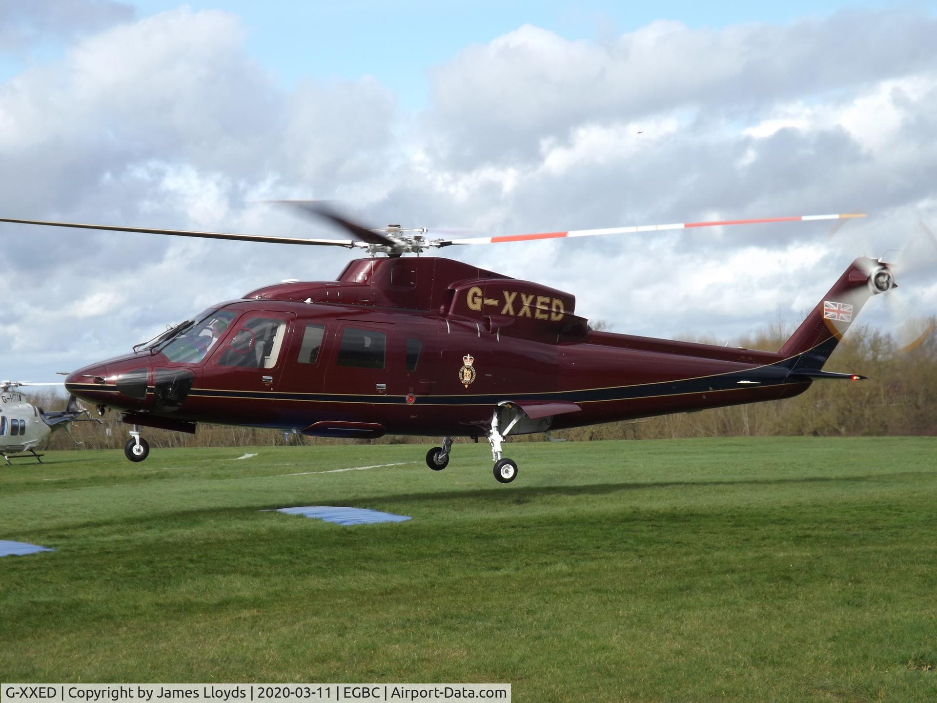 G-XXED, 2007 Sikorsky S-76C C/N 760699, About to land at Cheltenham Helipad for the 2020 Gold Cup