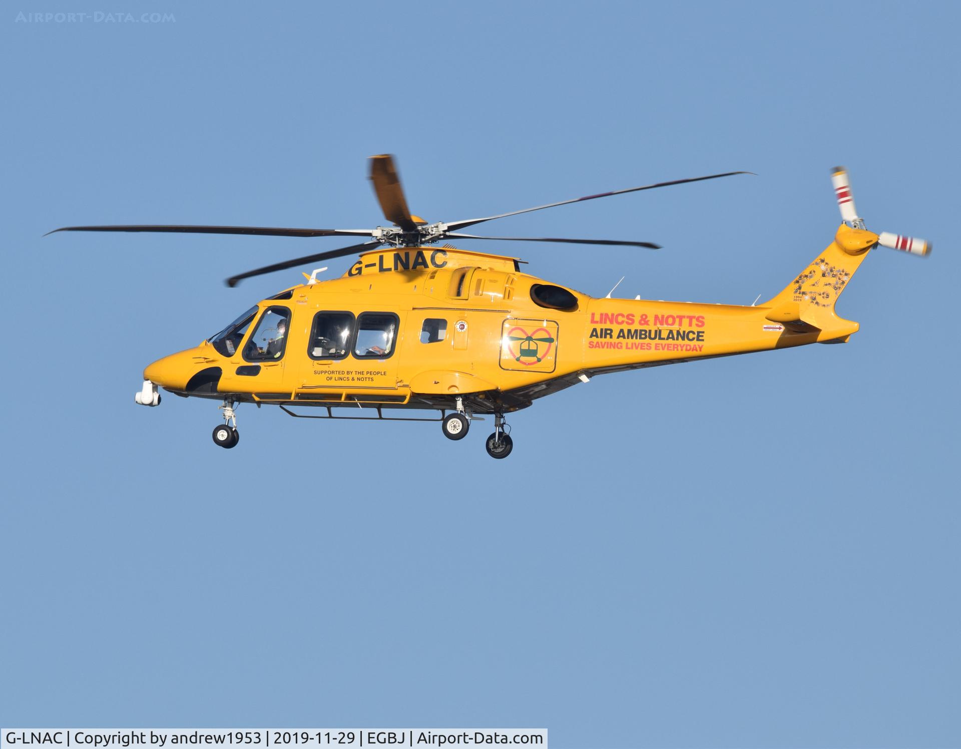 G-LNAC, 2016 Leonardo AW-169 C/N 69023, G-LNAC landing at Gloucestershire Airport.