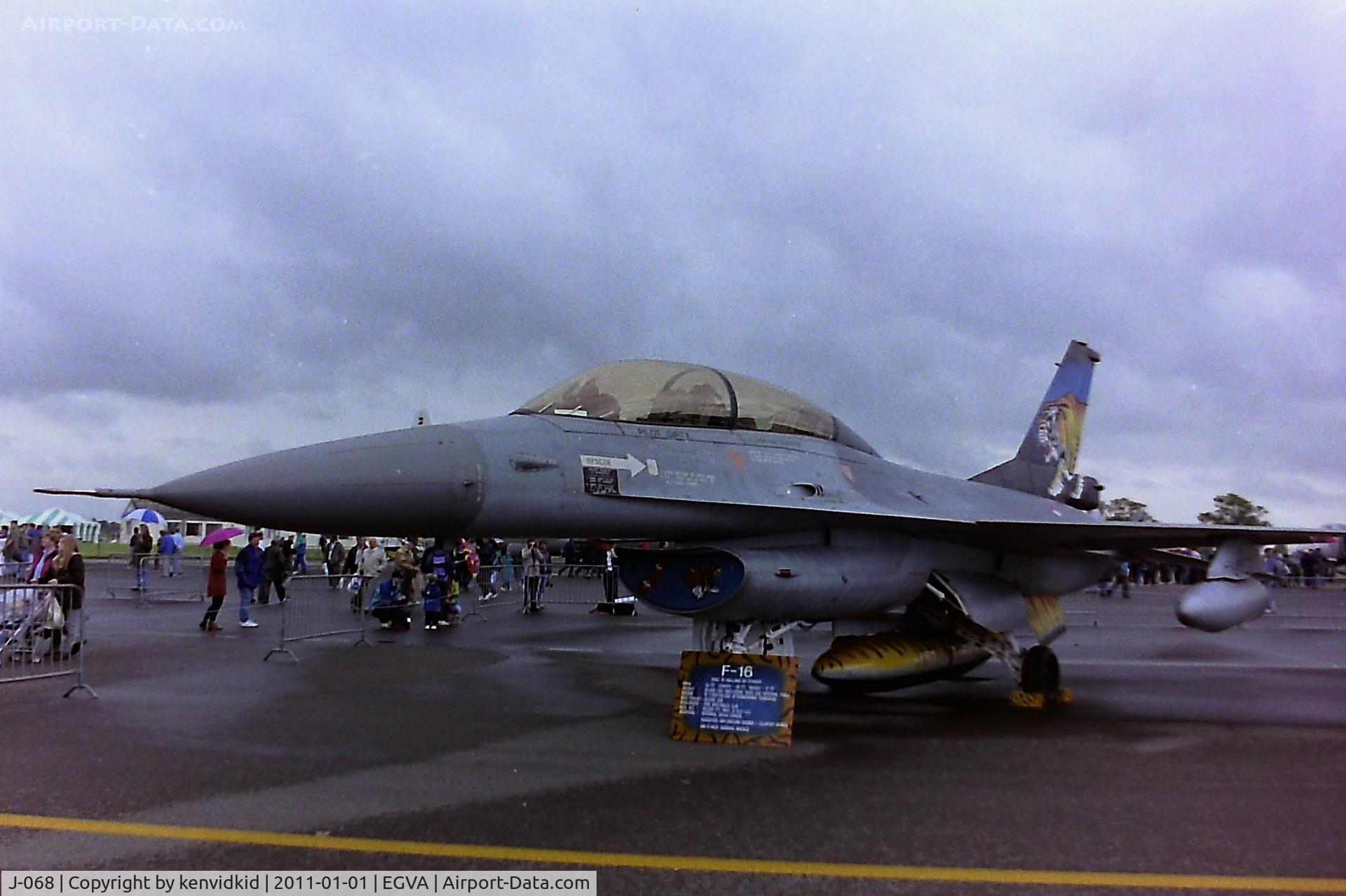 J-068, 1987 Fokker F-16B Fighting Falcon C/N 6E-37, At RIAT 1993, scanned from negative.