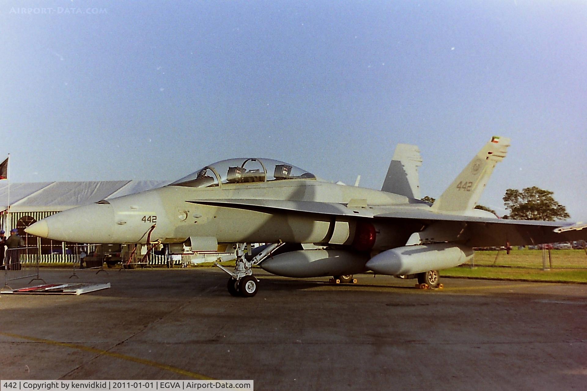 442, McDonnell Douglas KAF-18D Hornet C/N 1057/KAFD002, At RIAT 1993, scanned from negative.