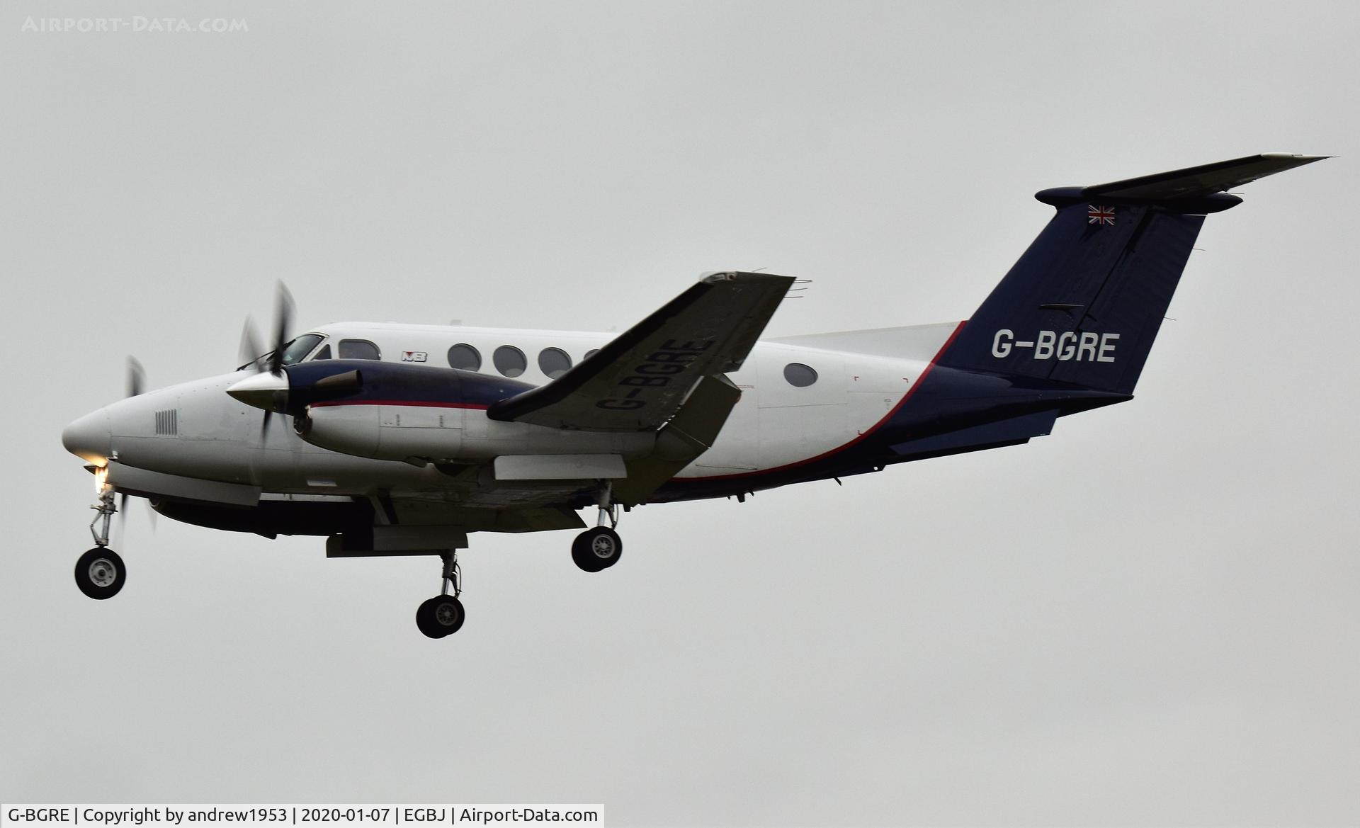 G-BGRE, 1979 Beech 200 Super King Air C/N BB-568, G-BGRE landing at Gloucestershire Airport.