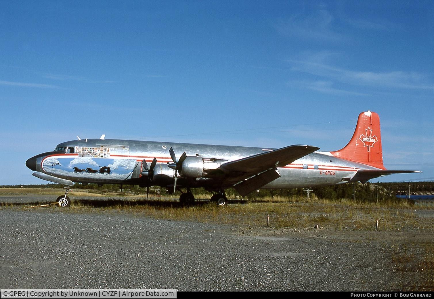 C-GPEG, Douglas C-118A Liftmaster (DC-6A) C/N 43576, C-118A to DC-6A. Owned by Calgary company to transport surplus P-51 aircraft and parts from Bolivia in exchange for surpus RCAF T-33 aircraft.
Stored in Yellowknife. Bought by Ron Fox and sold to Northern Air Cargo as N99330. Now Everetts. Derelict.