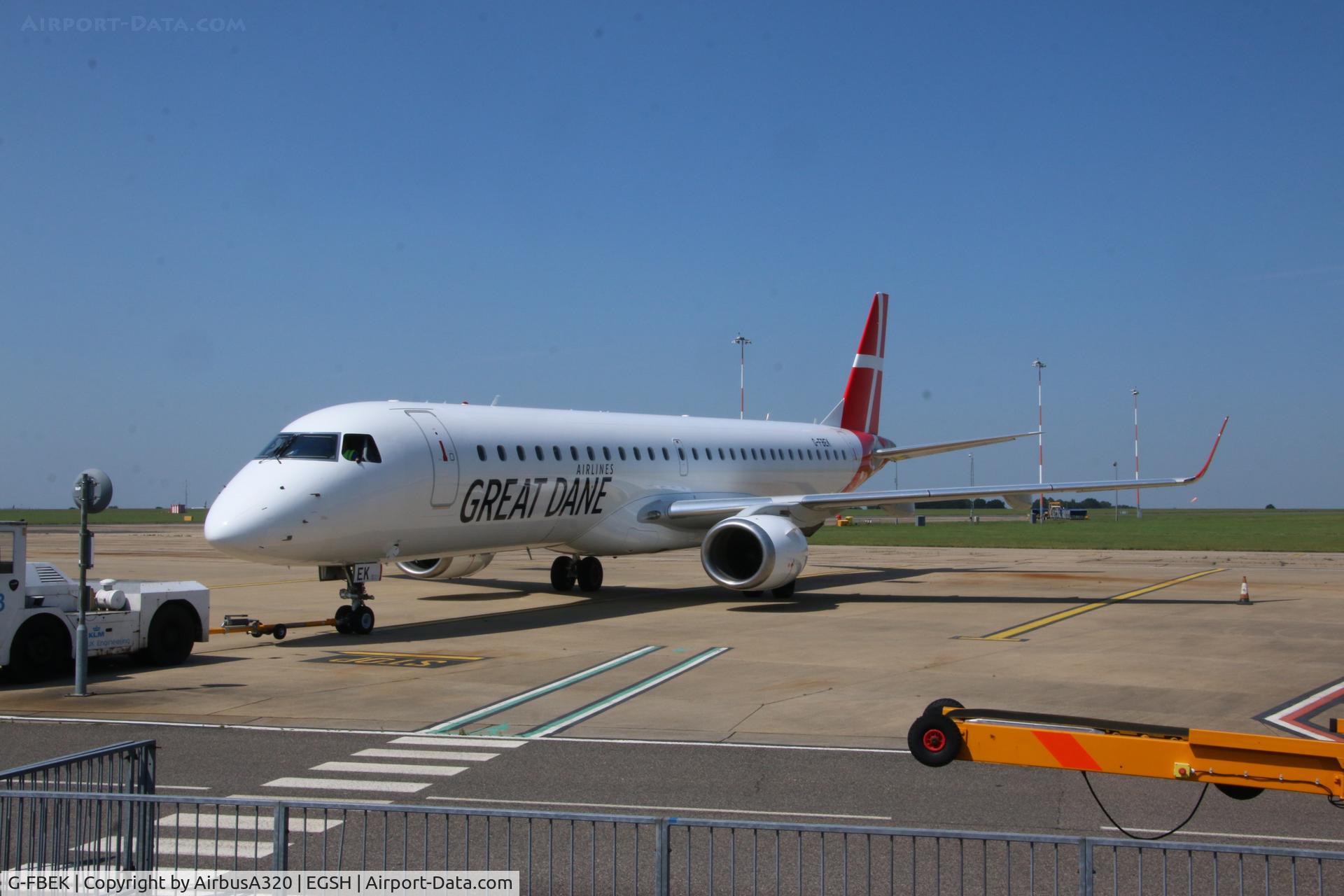 G-FBEK, 2008 Embraer 195LR (ERJ-190-200LR) C/N 19000168, Push back from stand 5 at NWI
