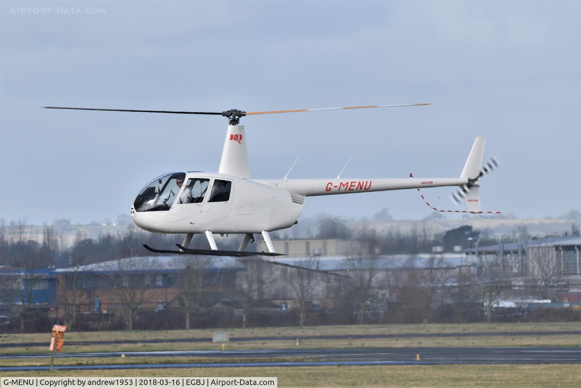 G-MENU, 2008 Robinson R44 Raven II C/N 12664, G-MENU landing at Gloucestershire Airport.