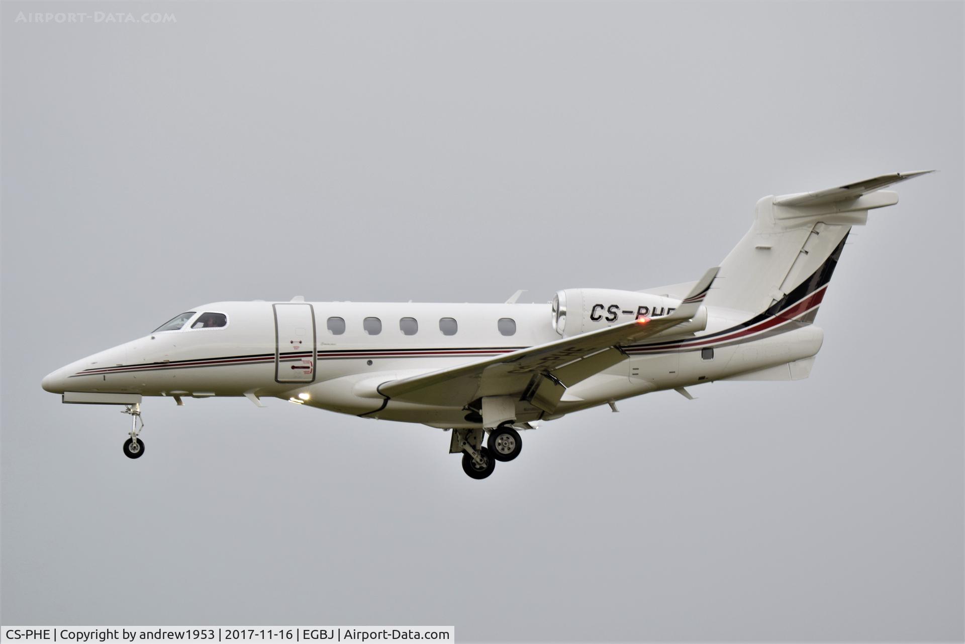 CS-PHE, 2015 Embraer EMB-500 Phenom 100 C/N 50500252, CS-PHE landing at Gloucestershire Airport.