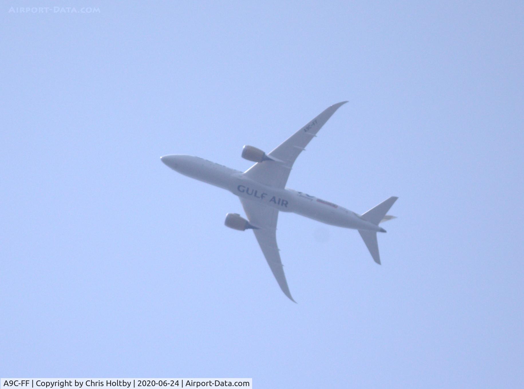 A9C-FF, 2019 Boeing 787-9 Dreamliner C/N 39985, Over Bromley, Kent having left LHR