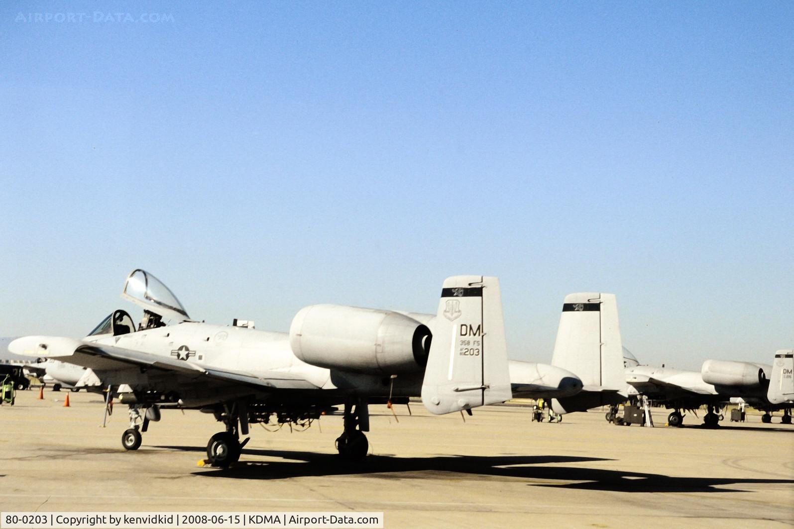 80-0203, Fairchild Republic A-10A Thunderbolt II C/N A10-0553, At Davis Monthan from an air-conditioned bus, circa 1996.