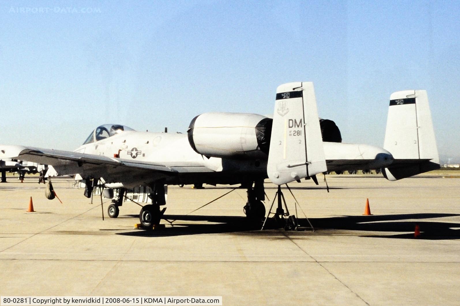 80-0281, 1980 Fairchild Republic A-10A Thunderbolt II C/N A10-0631, At Davis Monthan from an air-conditioned bus, circa 1996.