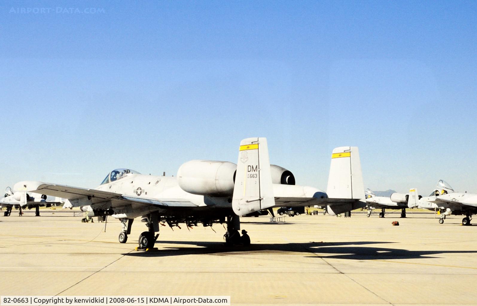 82-0663, 1982 Fairchild Republic OA-10A Thunderbolt II C/N A10-0711, At Davis Monthan from an air-conditioned bus, circa 1996.
