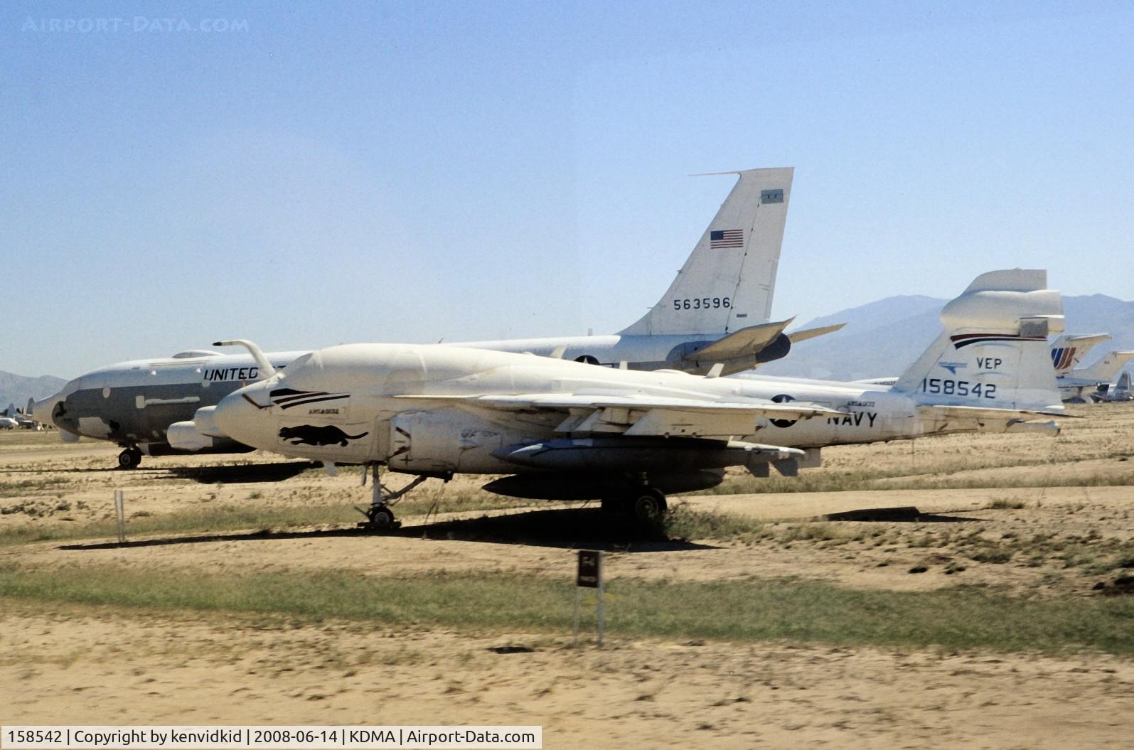 158542, Grumman EA-6B Prowler C/N P-20, At Davis Monthan from an air-conditioned bus, circa 1996.
158542, 156482, and 158547 melded into one aircraft nicknamed FrankenProwler.