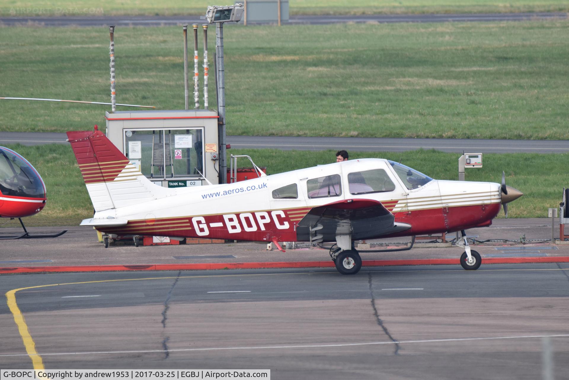 G-BOPC, 1982 Piper PA-28-161 Cherokee Warrior II C/N 28-8216006, G-BOPC at the pumps at Gloucestershire Airport.