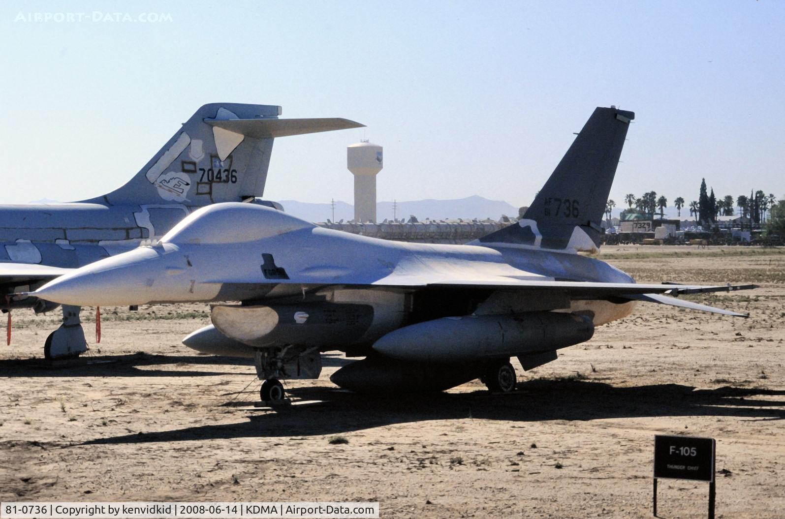 81-0736, 1981 General Dynamics F-16A C/N 61-417, At Davis Monthan from an air-conditioned bus, circa 1996.