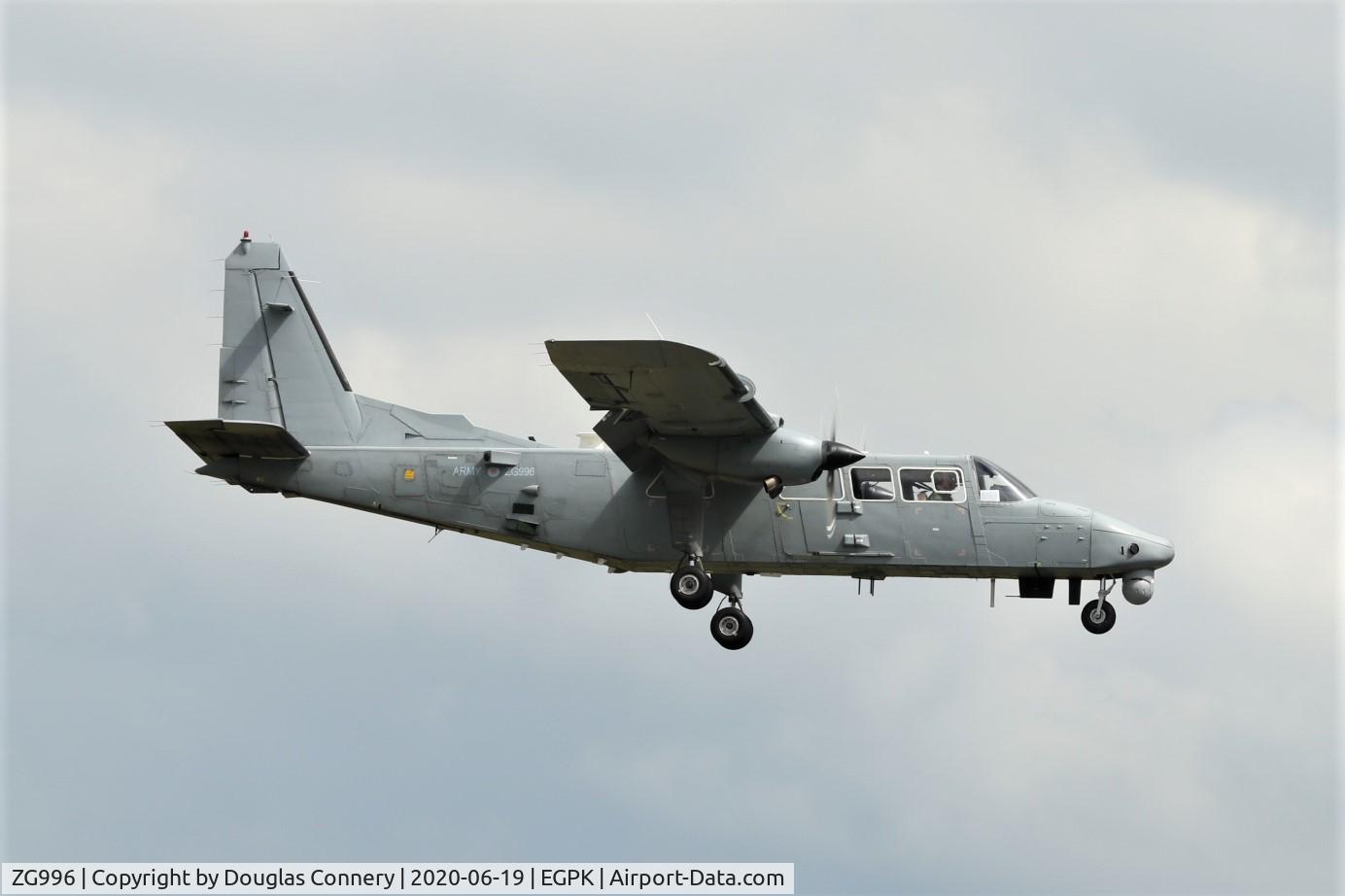 ZG996, 1997 Pilatus Britten-Norman BN-2T-4S Defender AL2 C/N 4010, In for some training at Prestwick, here it is on another circuit