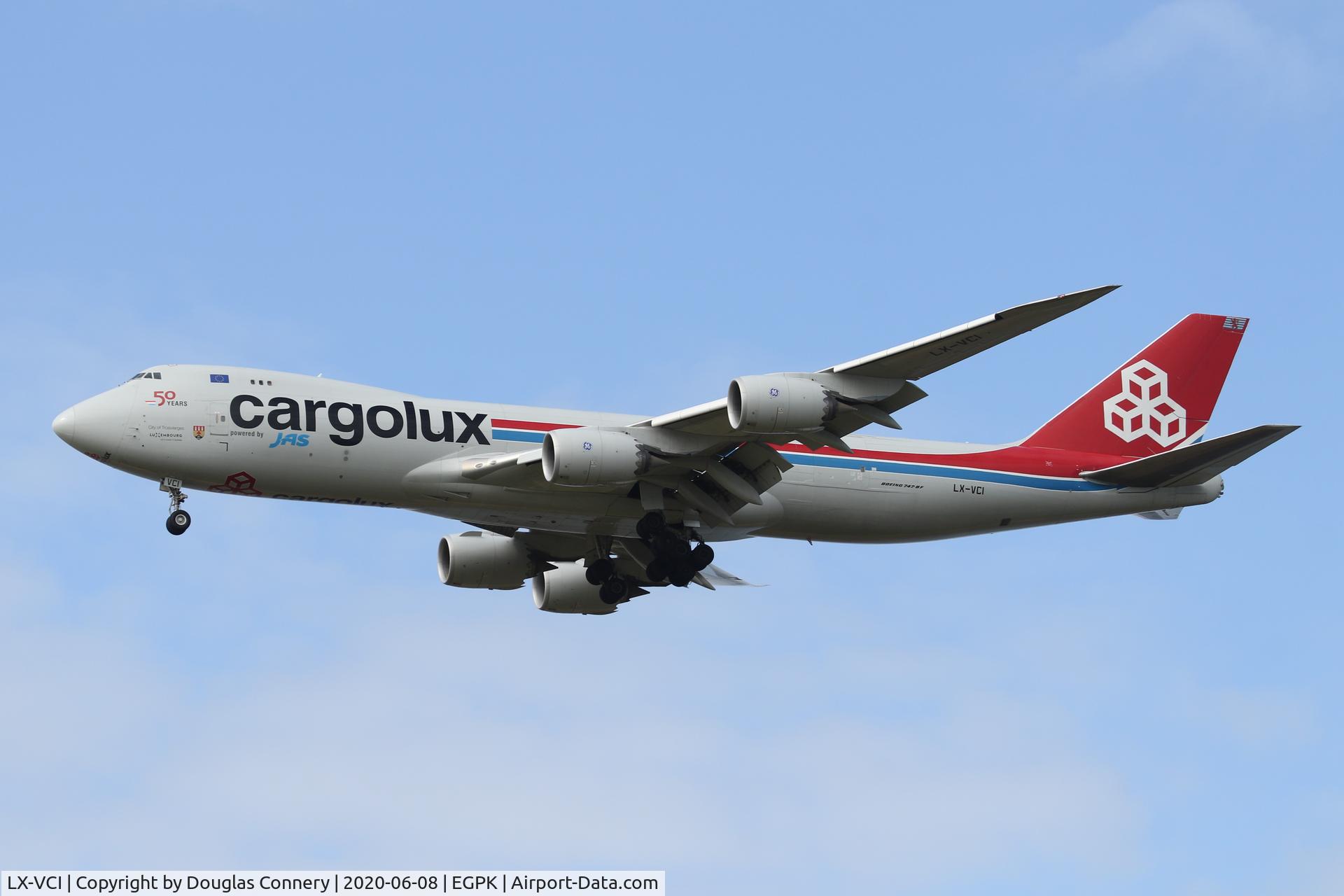 LX-VCI, 2013 Boeing 747-8R7F C/N 35822, On approach for runway 12 at Prestwick