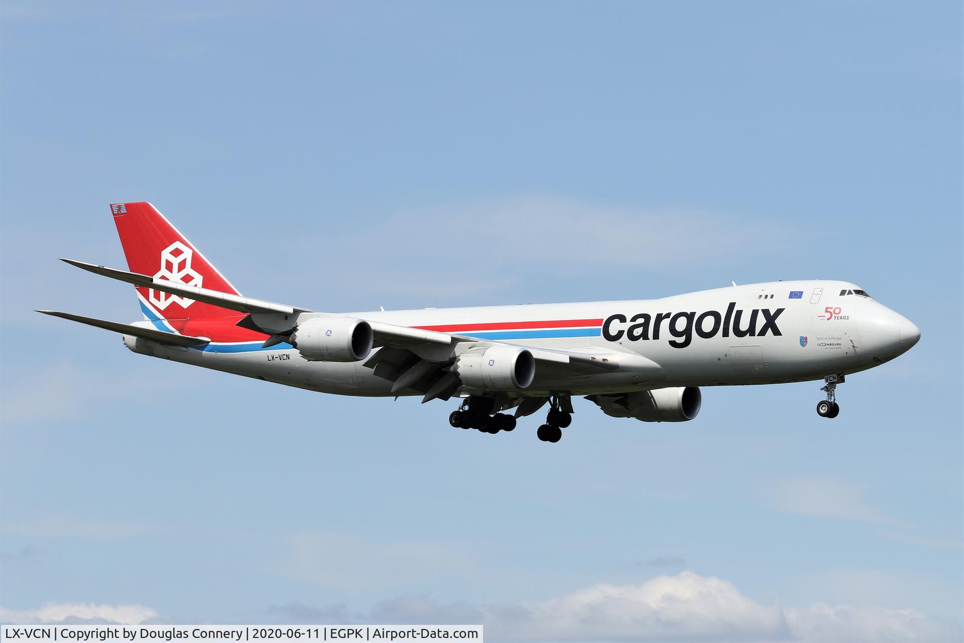 LX-VCN, 2016 Boeing 747-8R7F C/N 38076, Just about to land at Prestwick C/S CLX74J