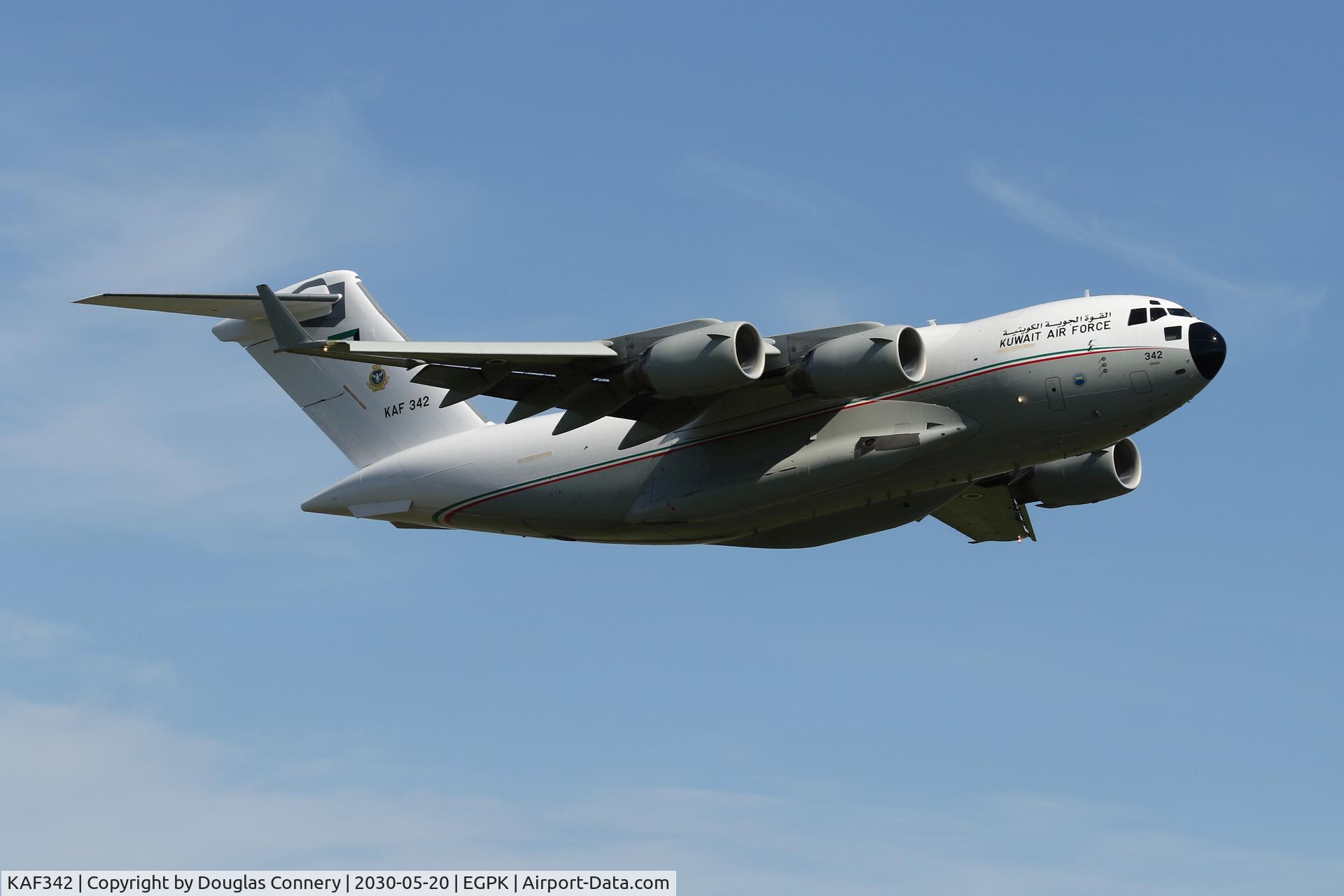 KAF342, 2013 Boeing C-17A Globemaster III C/N F-264/KAF-1, Departing Prestwick C/S KAF3212
